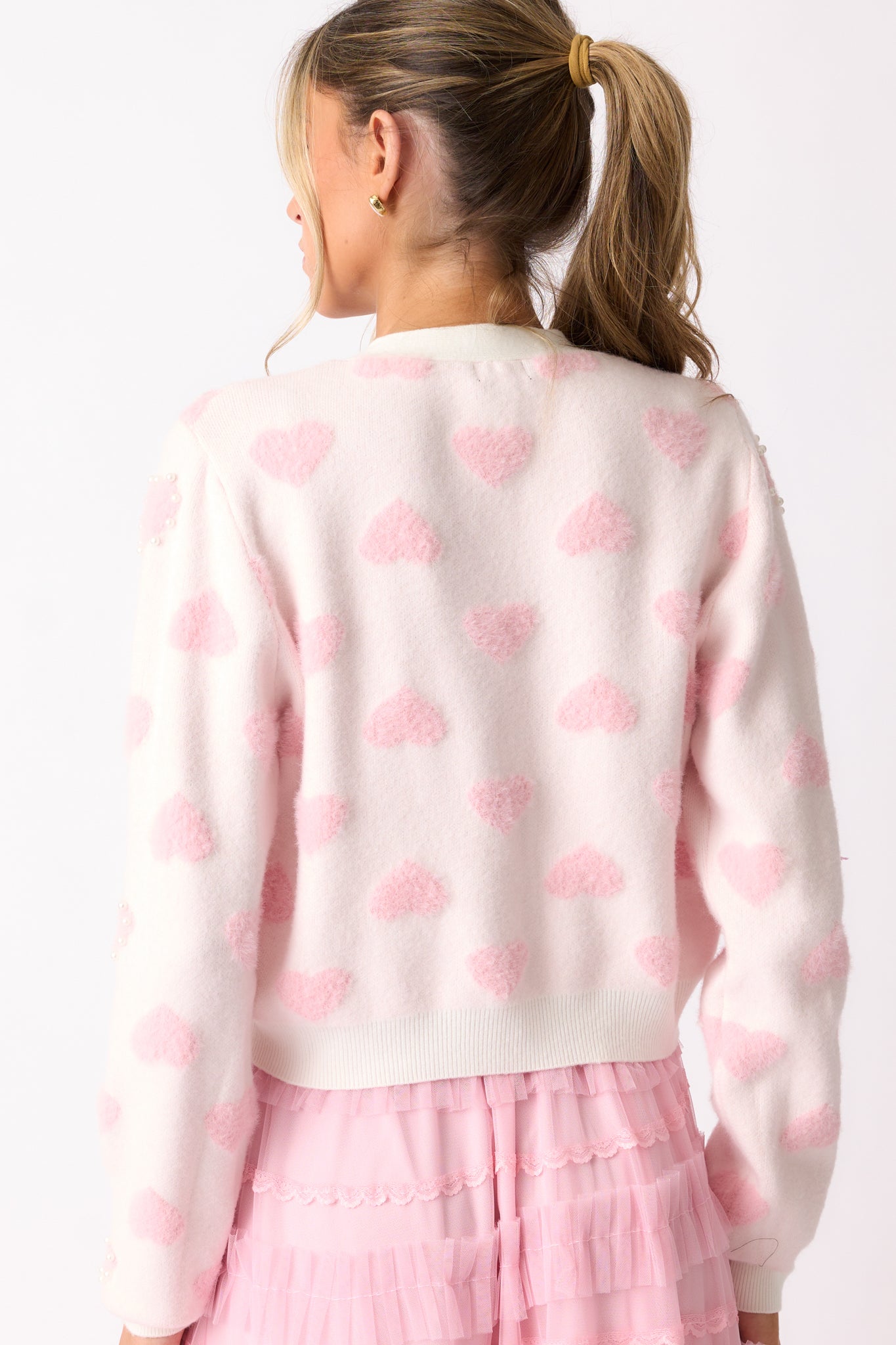 Sweetheart Stroll Light Pink & Ivory Pearl Cardigan