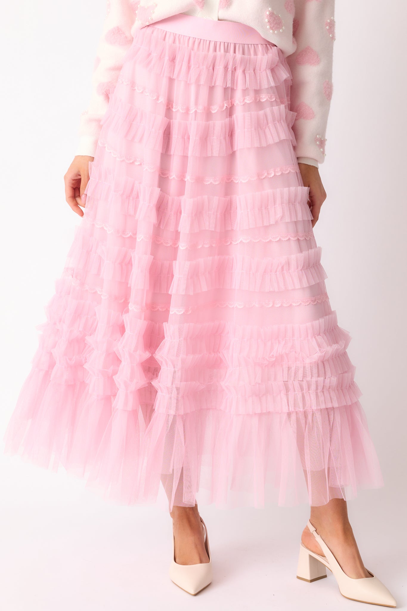 Walk In The Garden Light Pink Ruffle Tulle Midi Skirt