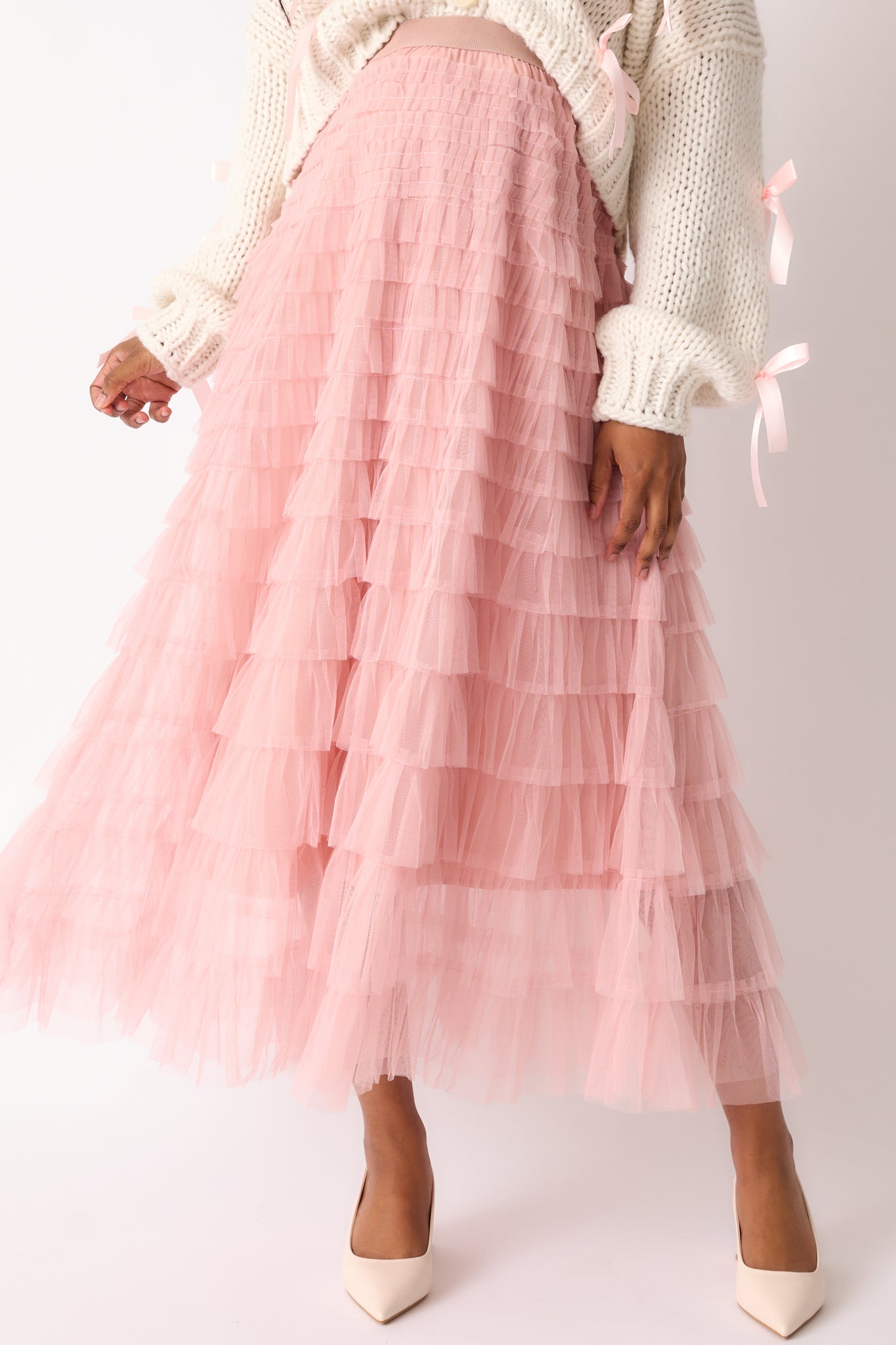 Garden Gathering Dusty Pink Tiered Ruffle Tulle Maxi Skirt