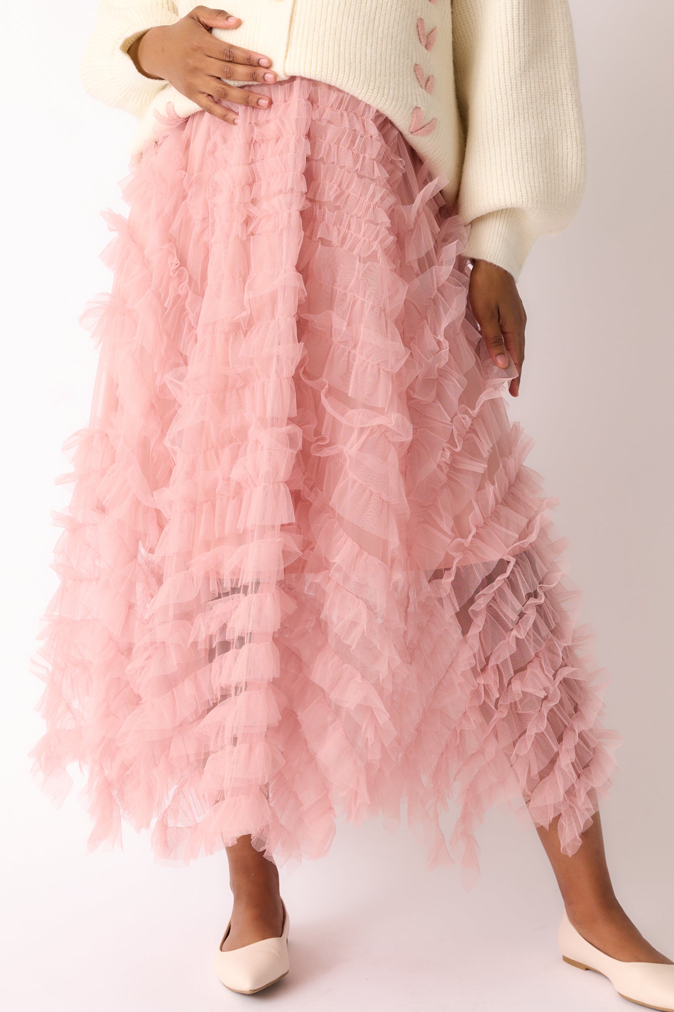 Shopping Spree Rose Tulle Midi Skirt