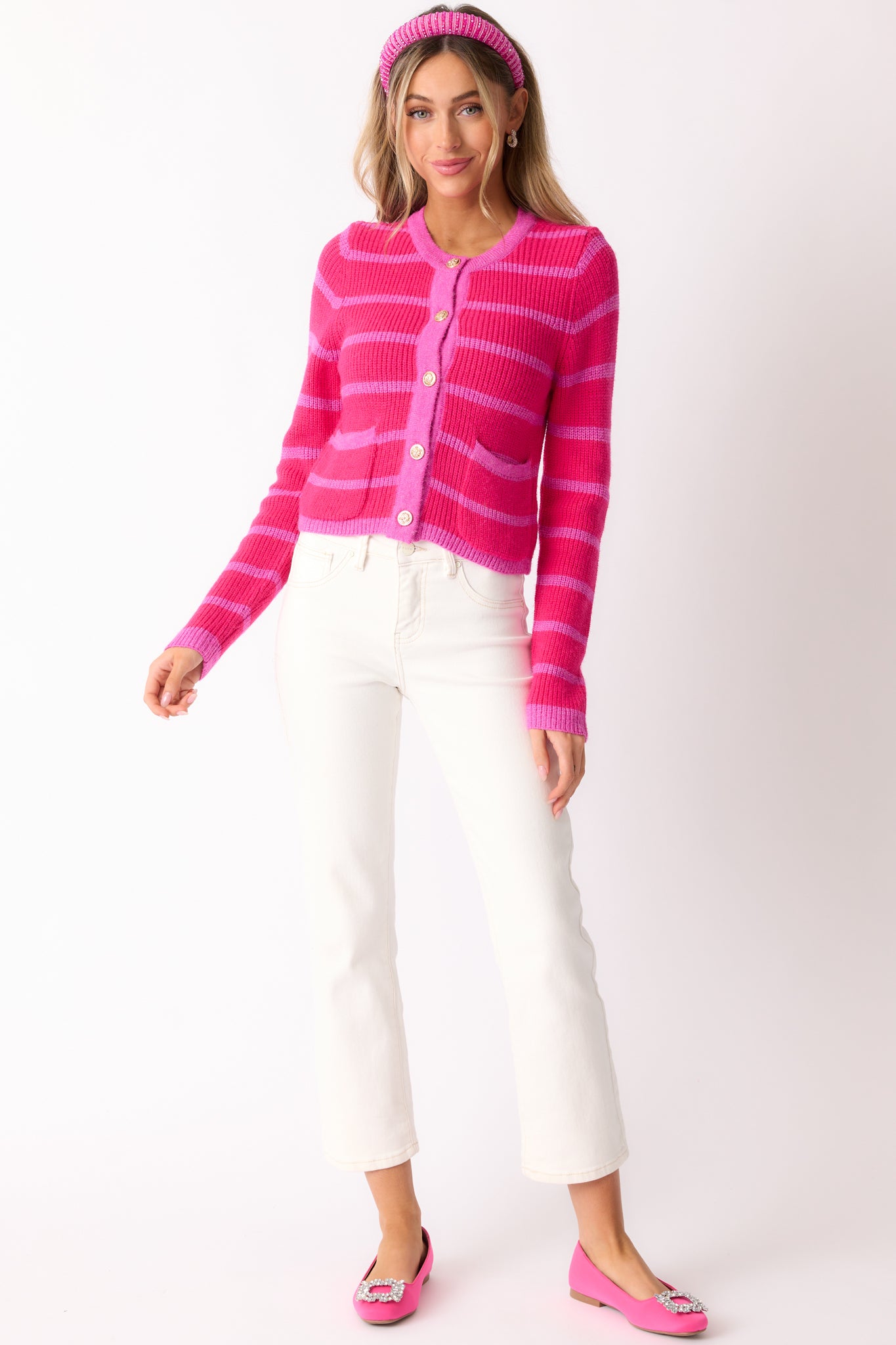 Let's Go Shopping Hot Pink Stripe Button Front Cardigan