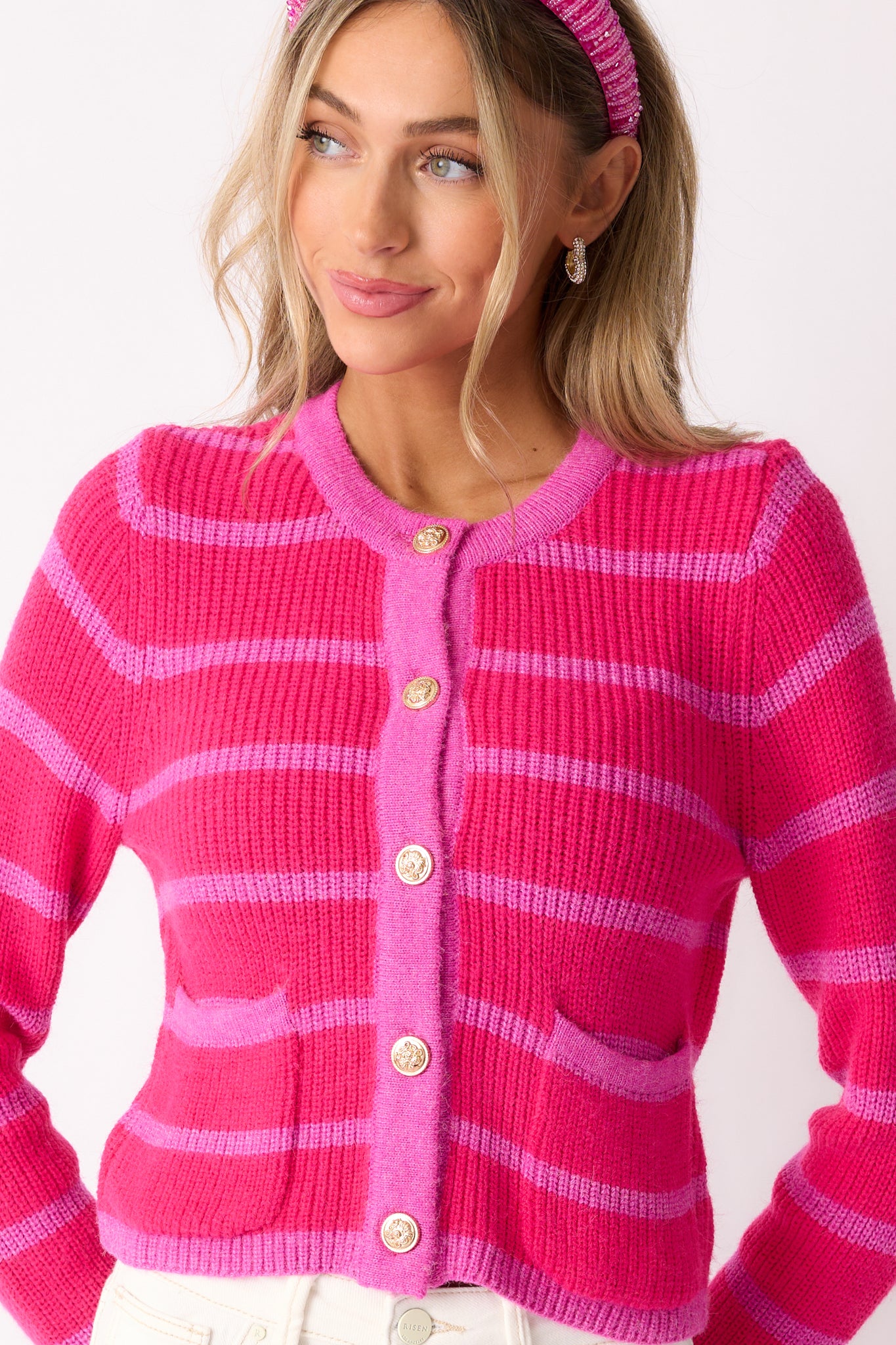 Let's Go Shopping Hot Pink Stripe Button Front Cardigan