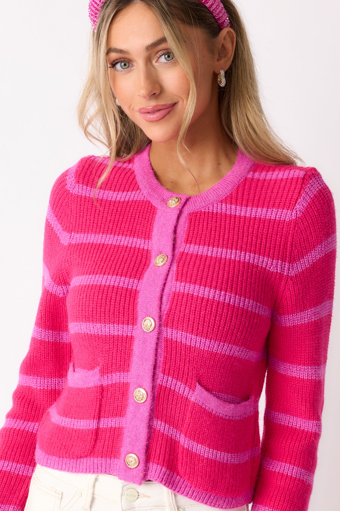 Let's Go Shopping Hot Pink Stripe Button Front Cardigan