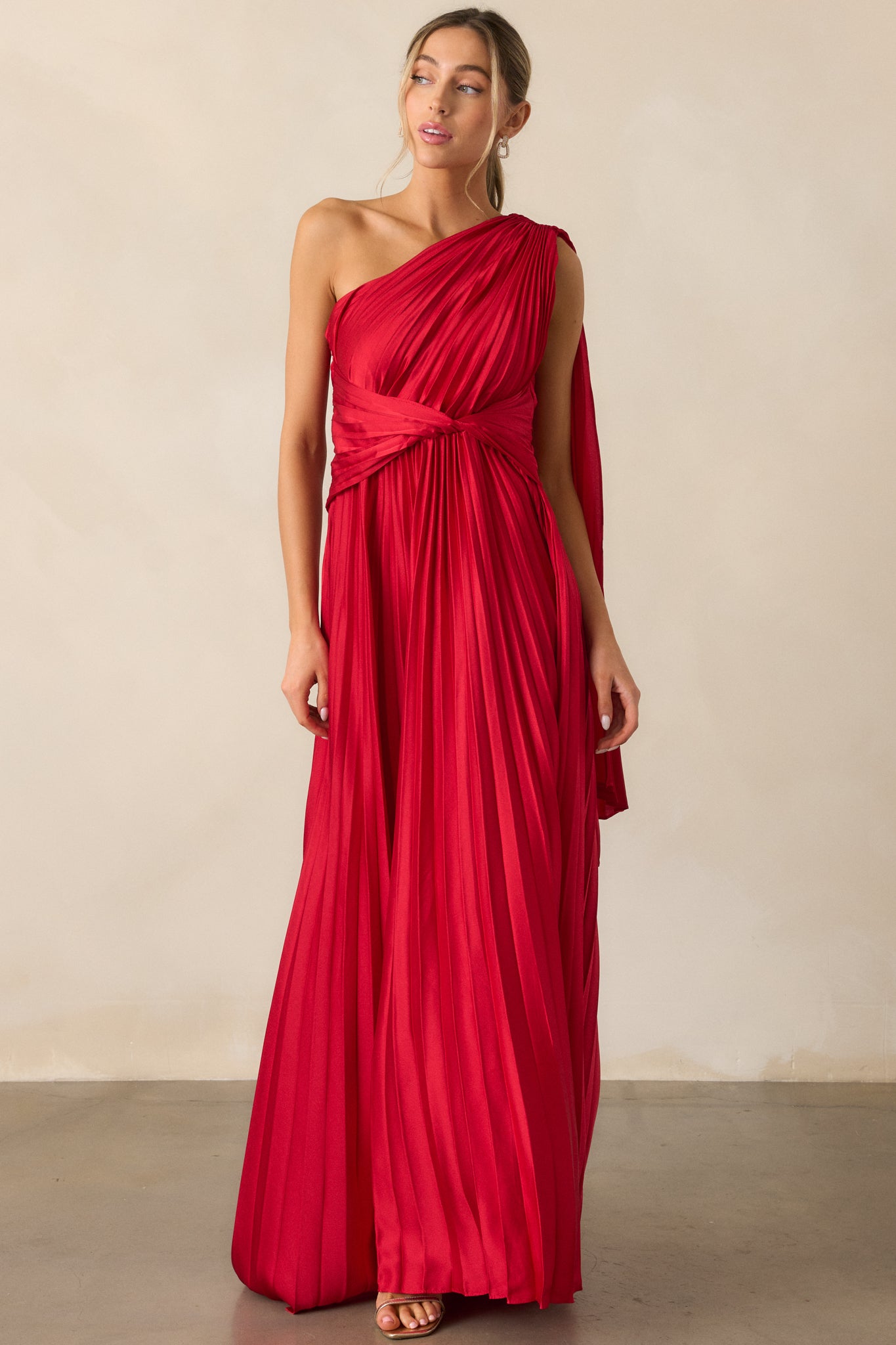 The One I Adore Red One Shoulder Pleated Maxi Dress