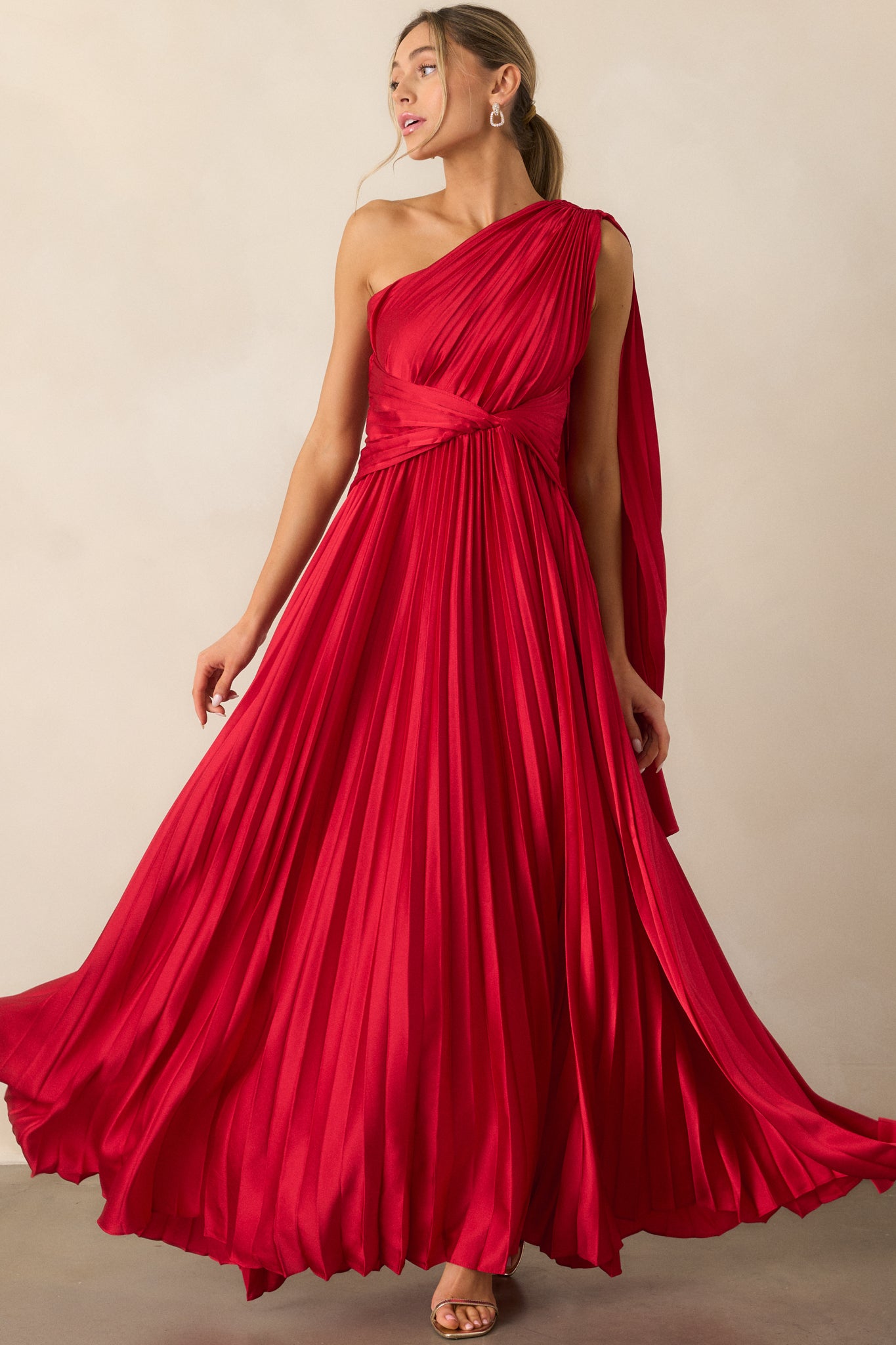 The One I Adore Red One Shoulder Pleated Maxi Dress