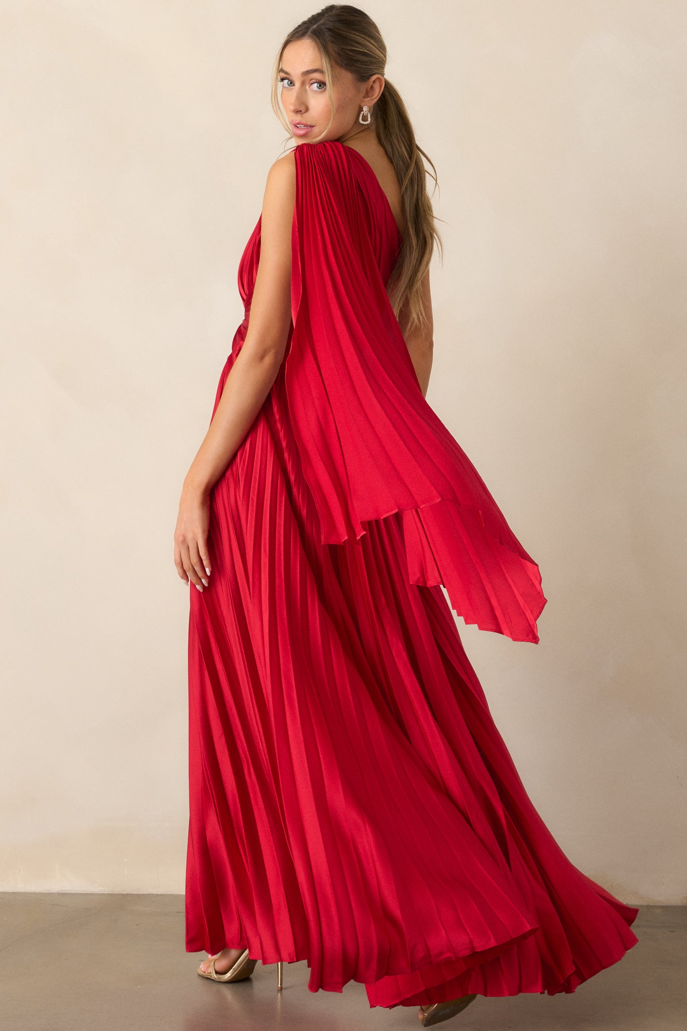 The One I Adore Red One Shoulder Pleated Maxi Dress