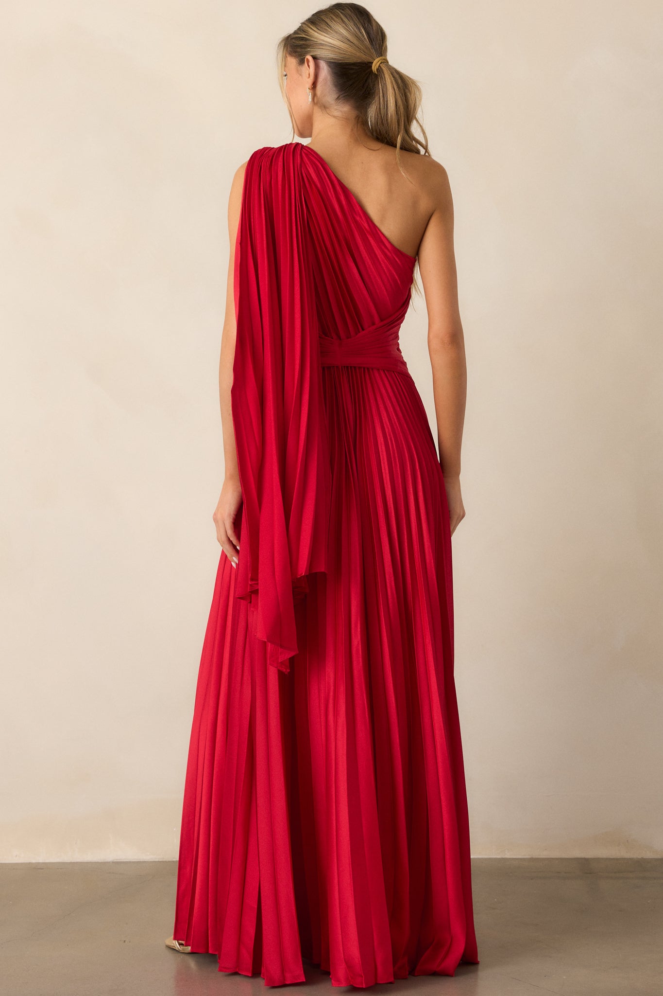 The One I Adore Red One Shoulder Pleated Maxi Dress