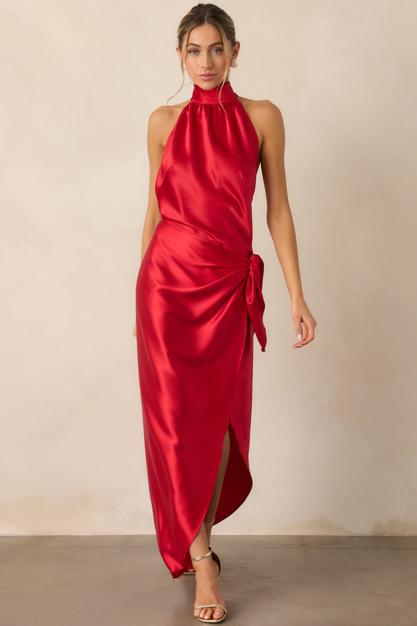 A Night Out Red Satin Halter Neck Maxi Dress