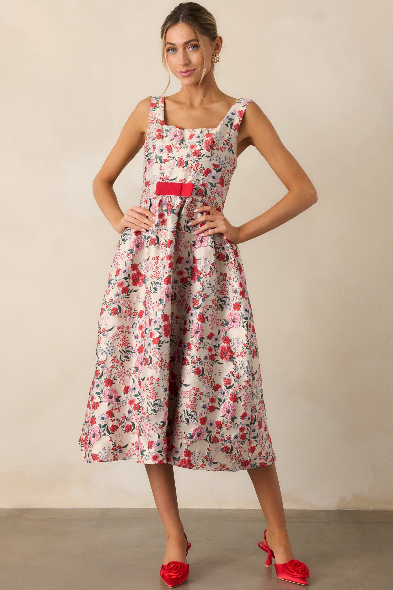 Sunlit Mornings Red Floral Jacquard Midi Dress