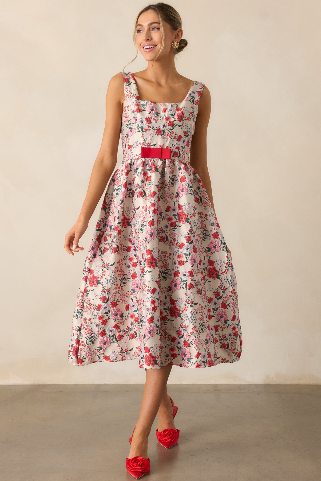 Sunlit Mornings Red Floral Jacquard Midi Dress