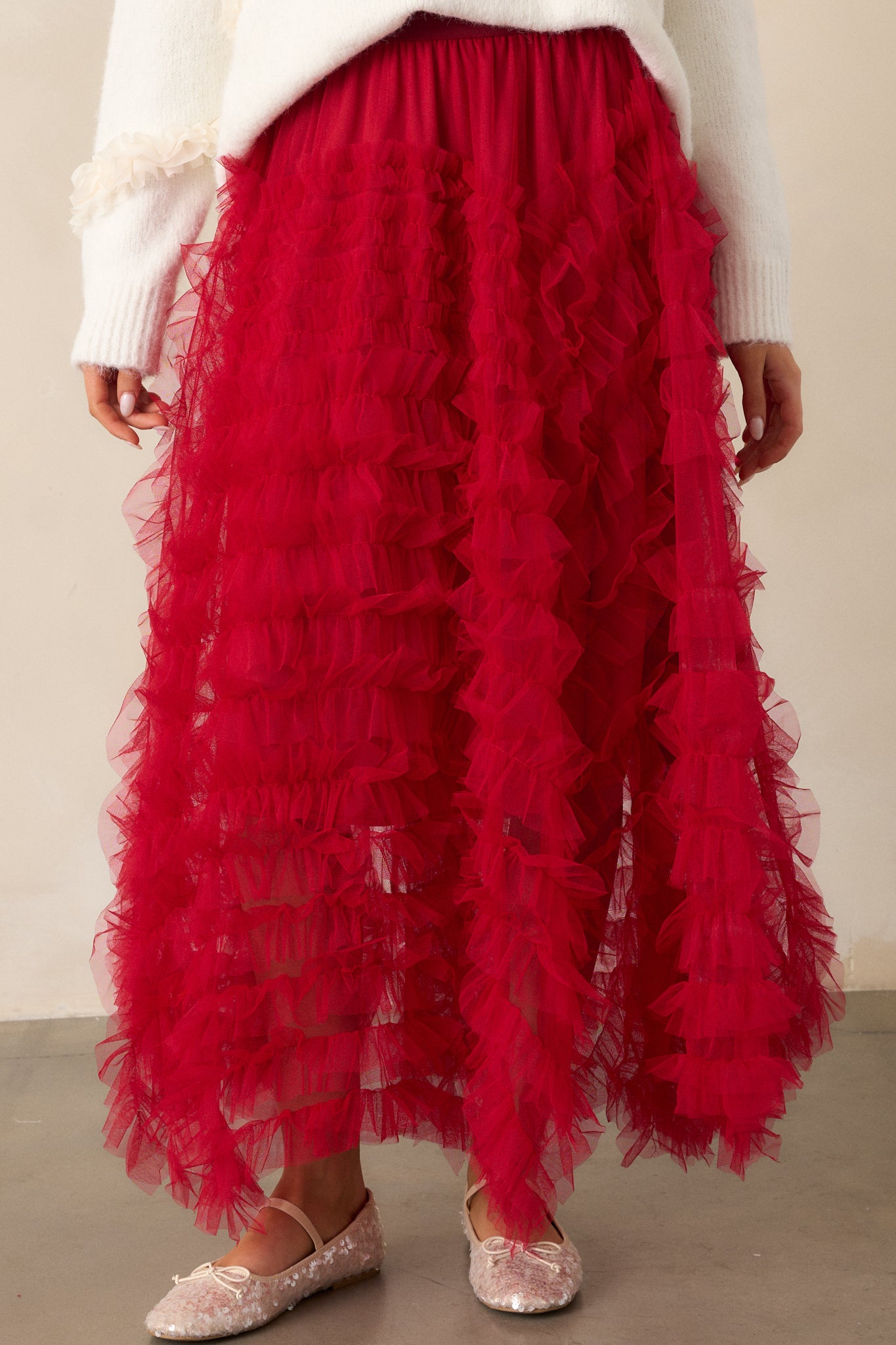 Shopping Spree Red Tulle Midi Skirt