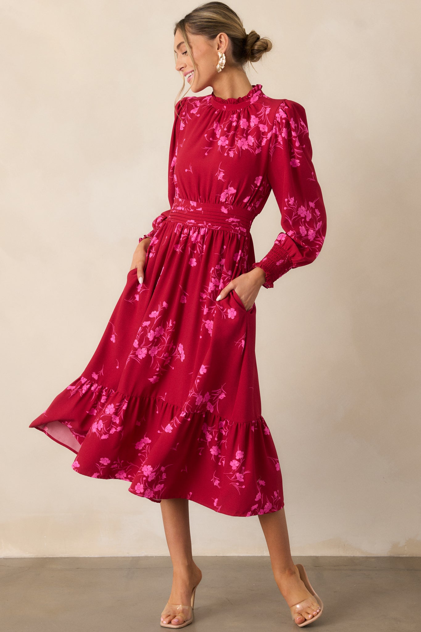 Flower Shop Stop Cherry Pink Floral Long Sleeve Midi Dress