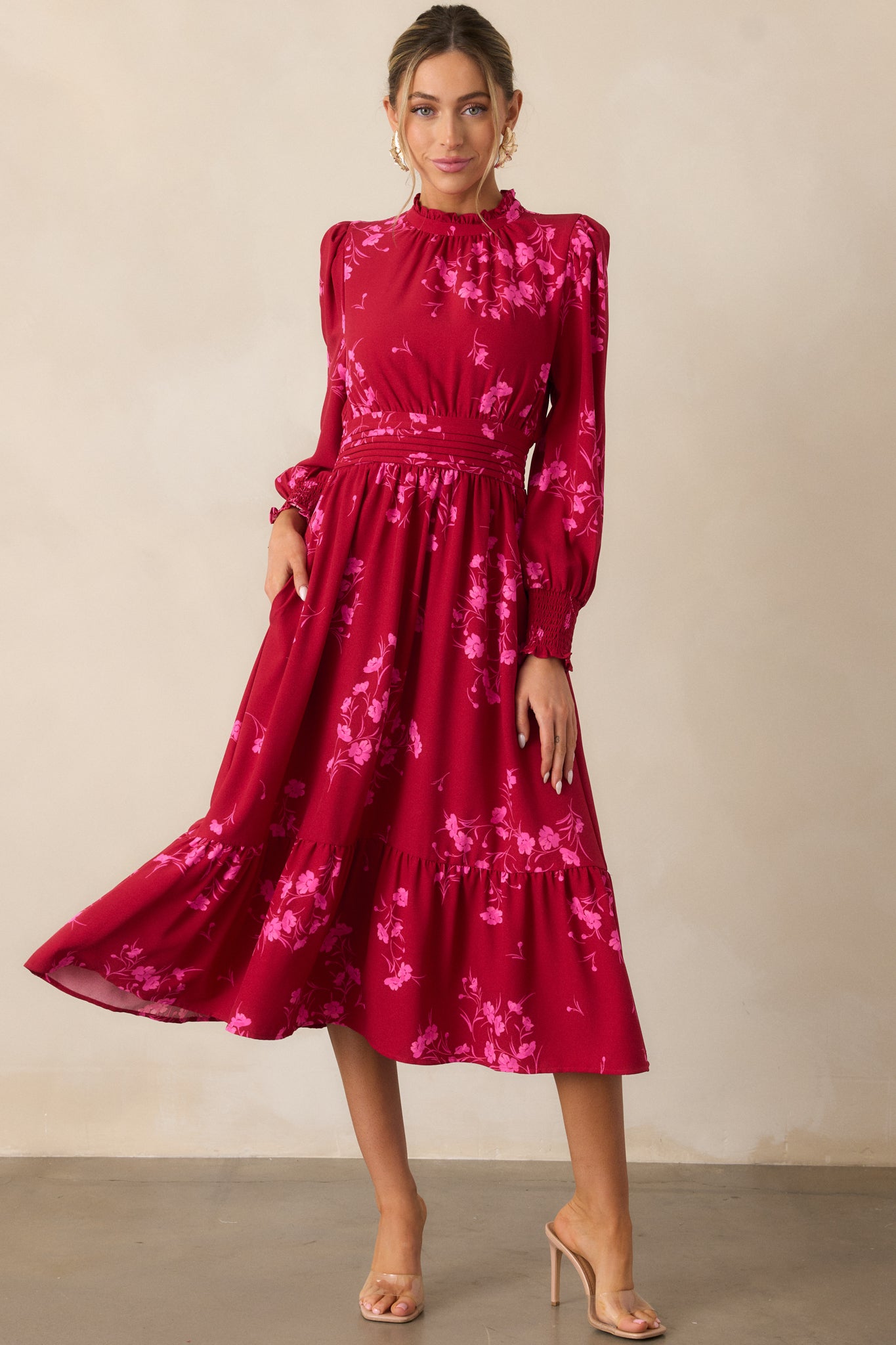 Flower Shop Stop Cherry Pink Floral Long Sleeve Midi Dress