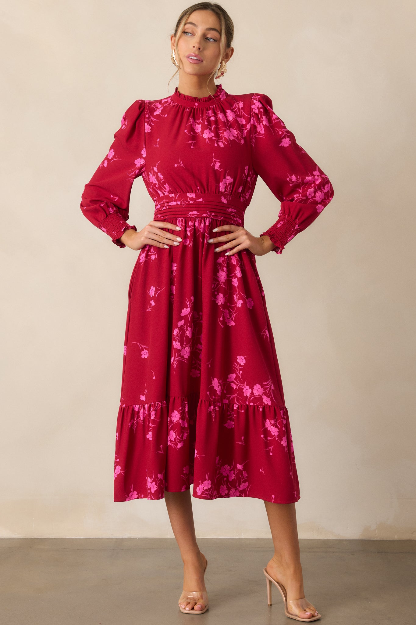 Flower Shop Stop Cherry Pink Floral Long Sleeve Midi Dress