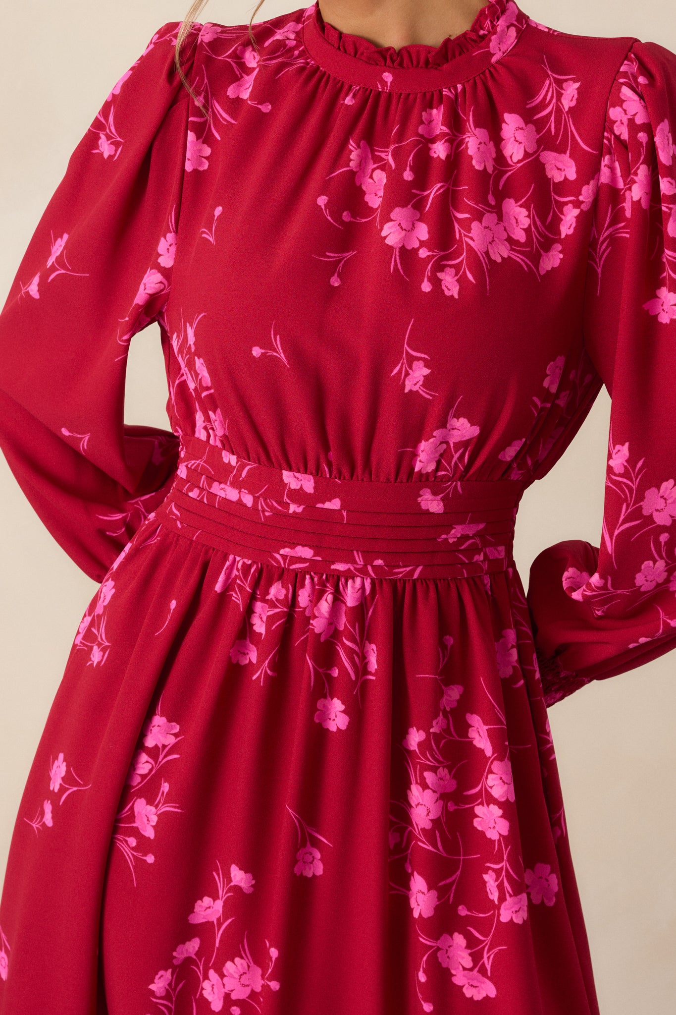 Flower Shop Stop Cherry Pink Floral Long Sleeve Midi Dress