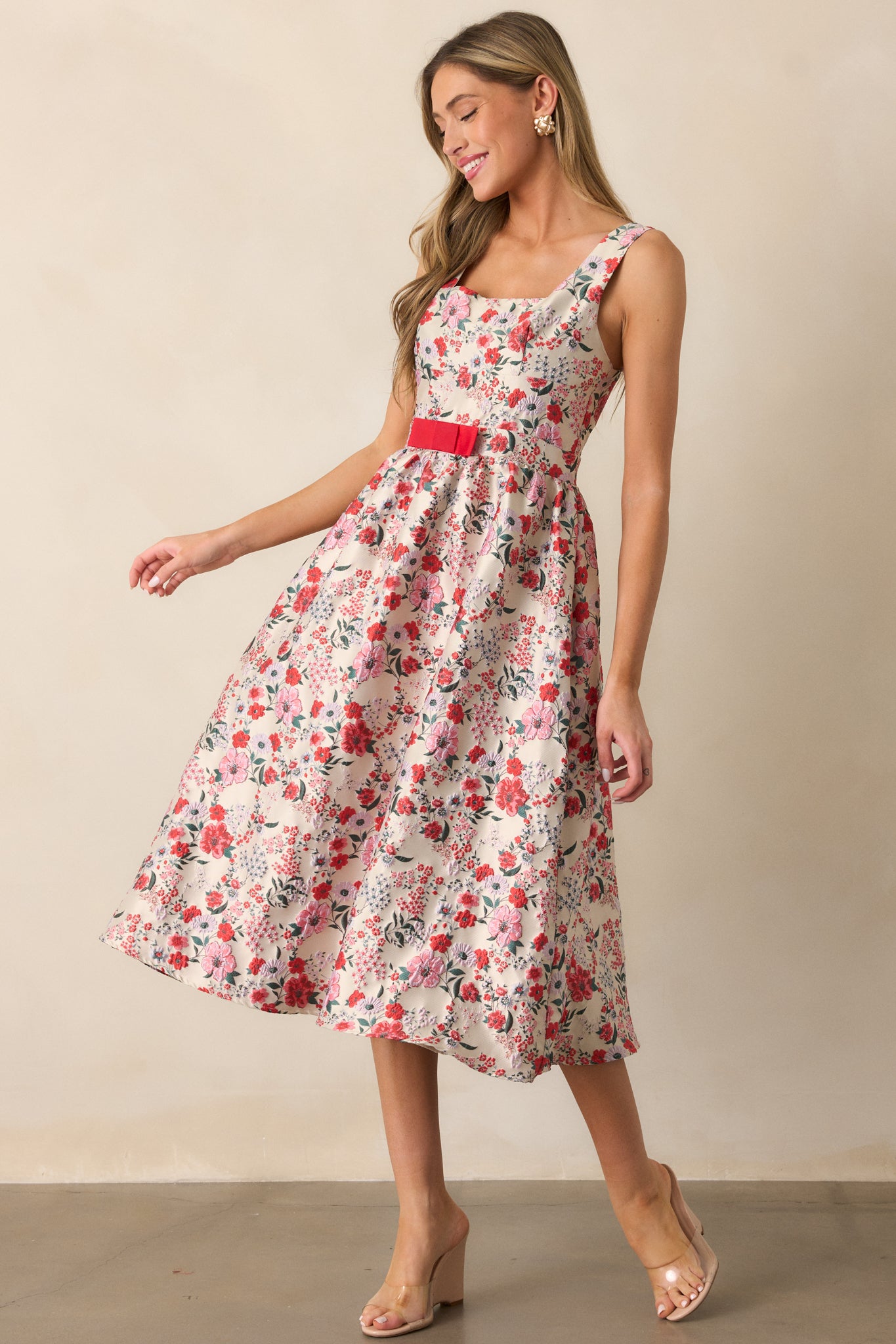 Sunlit Mornings Red Floral Jacquard Midi Dress