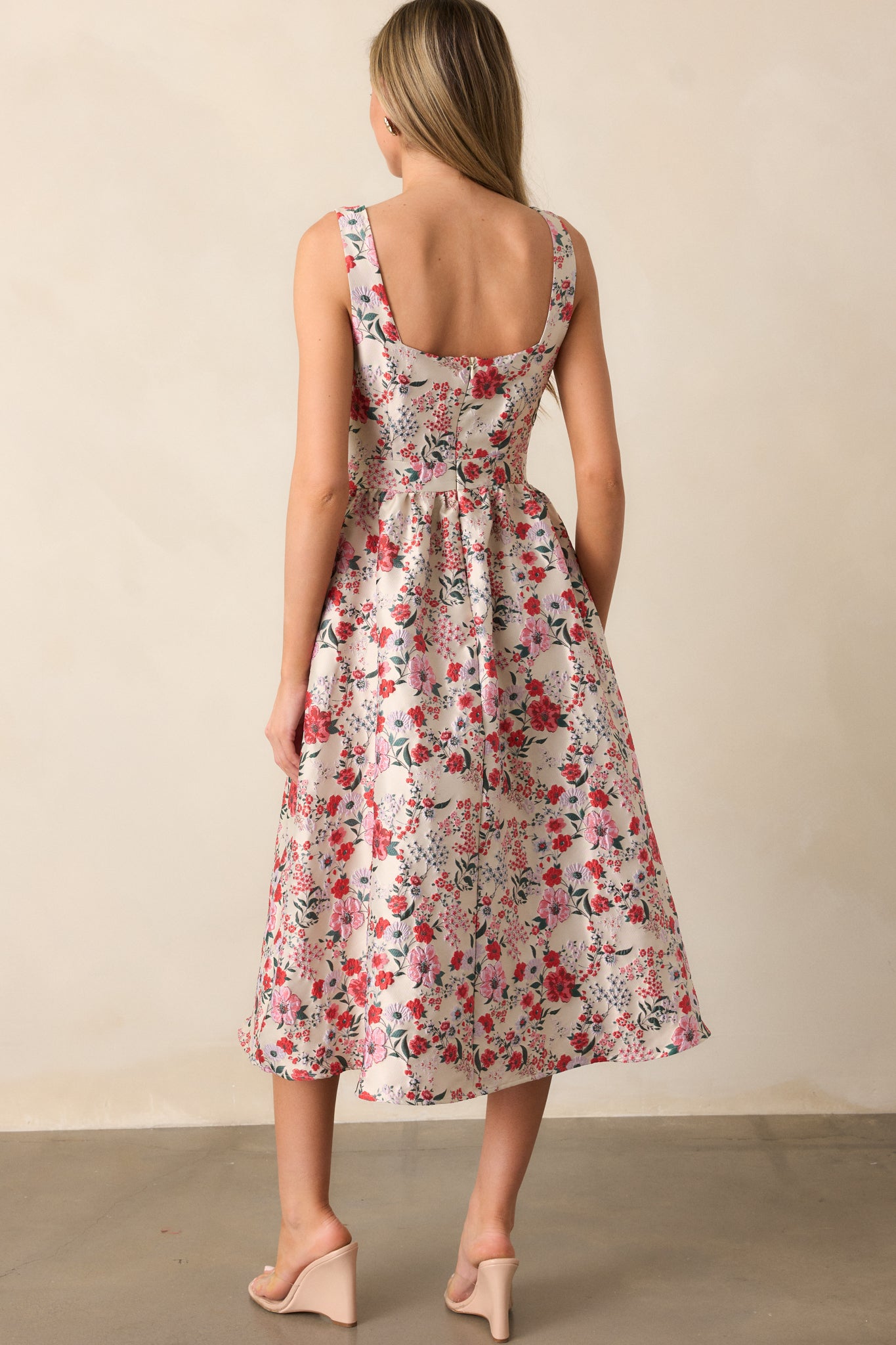 Sunlit Mornings Red Floral Jacquard Midi Dress