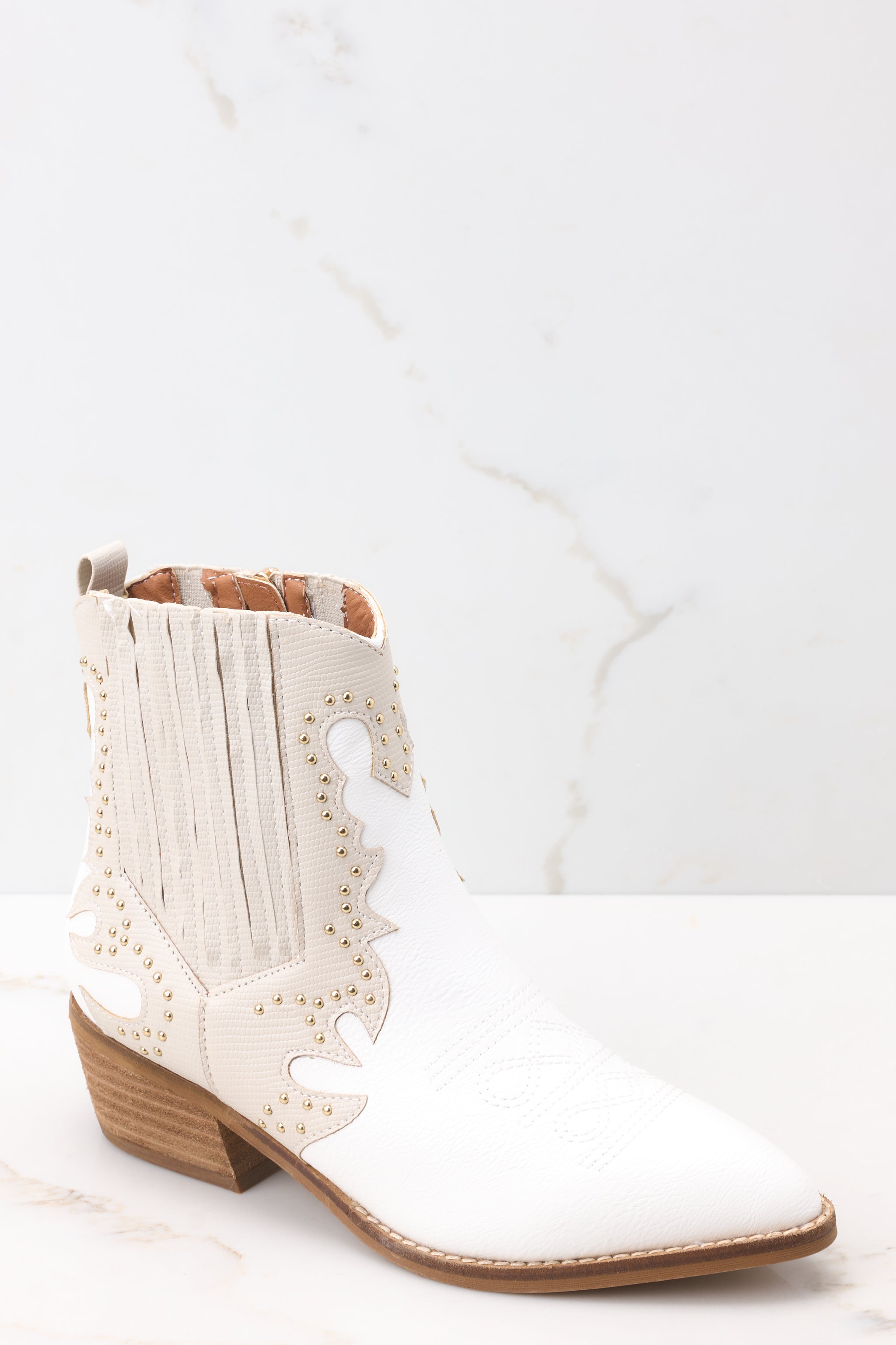 Outer-side view of these ankle boots that feature embroidered detailing.