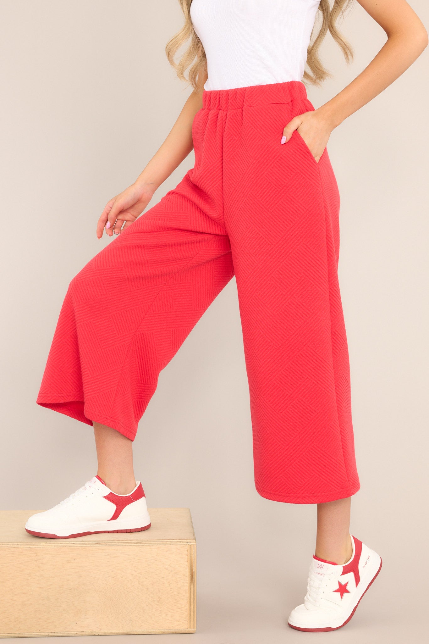 Red Cropped Textured Pants- All Pants