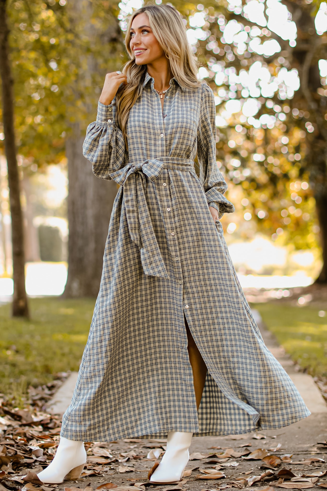 Full body view of this dress that showcases the movement of the fabric.