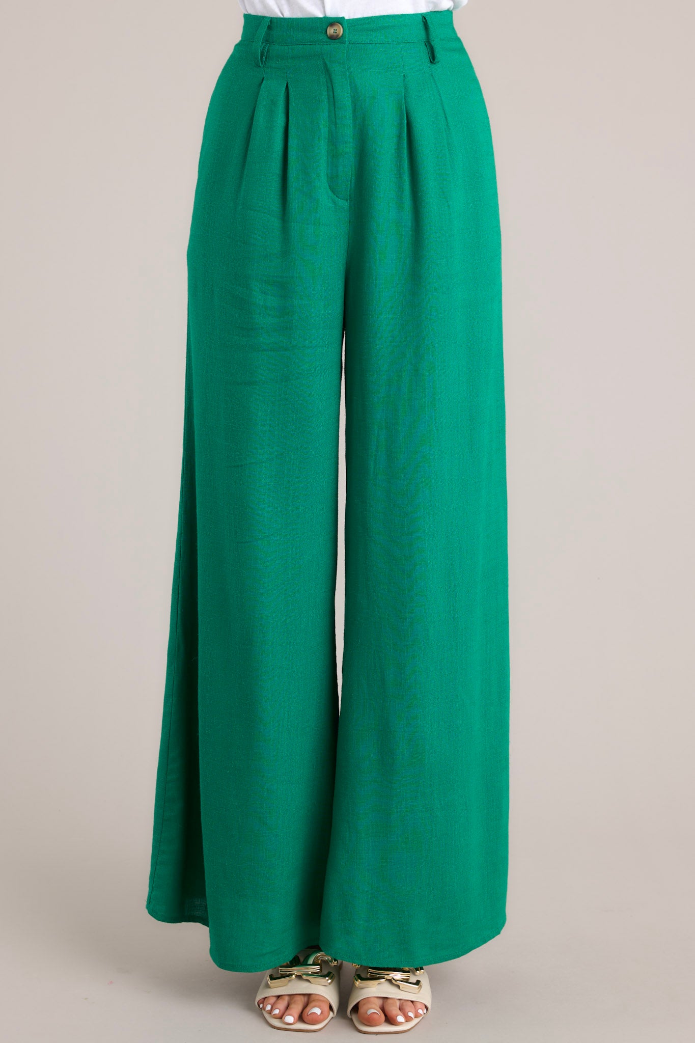 Full front view of these pants that feature a high waisted design, a functional button and zipper closure, belt loops, an elastic insert at the back of the waist, hip pockets, and a wide leg.