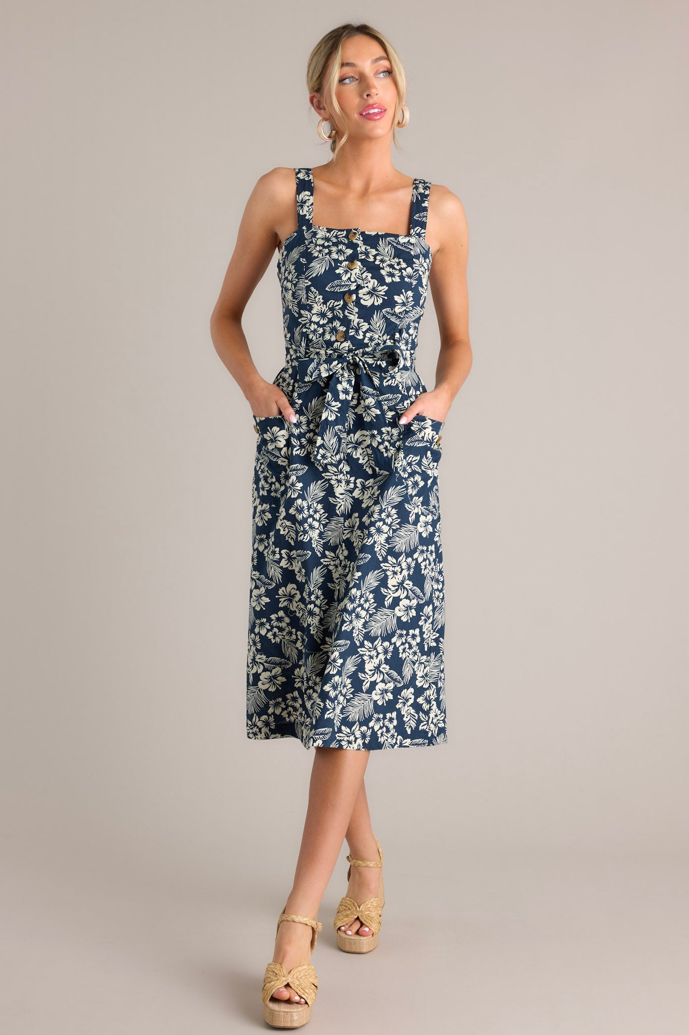 Navy Tropical Print 100% Cotton Midi Dress - All Dresses | Red Dress