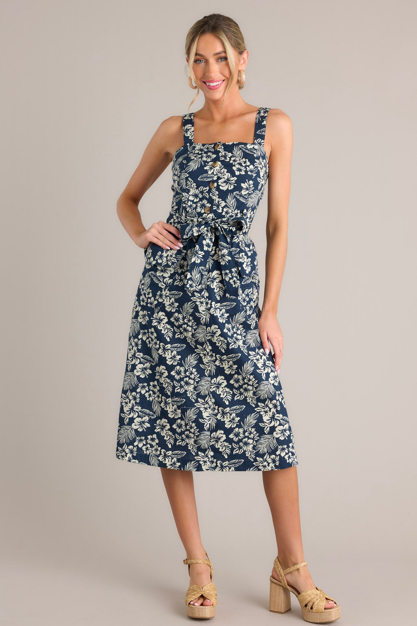 Navy Tropical Print 100% Cotton Midi Dress - All Dresses | Red Dress