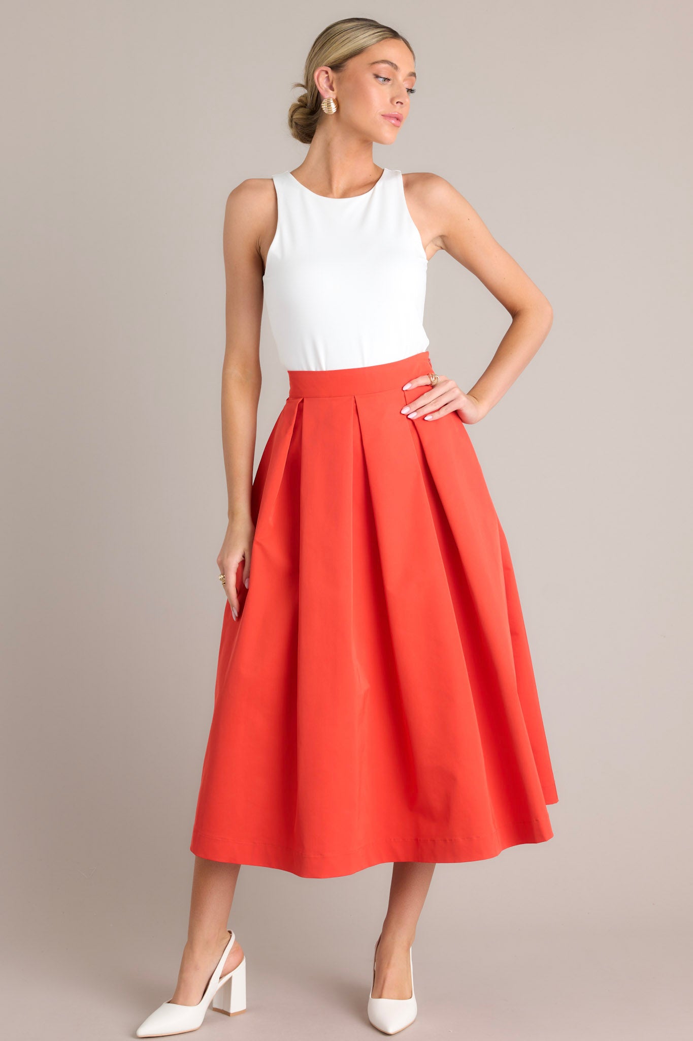 Tomato Red Pleated Midi Skirt - All Bottoms | Red Dress