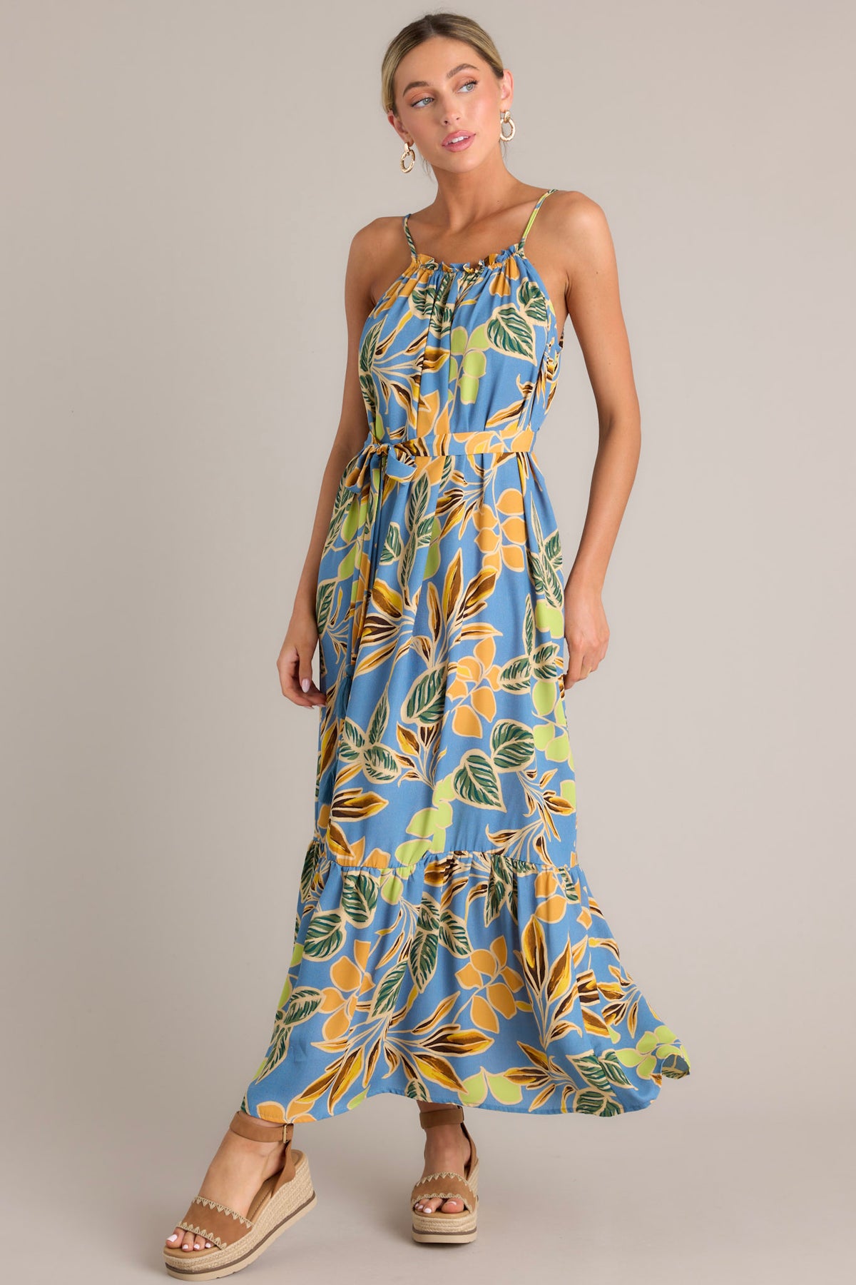 Dusty Blue Tropical Print Maxi Dress - All Dresses | Red Dress