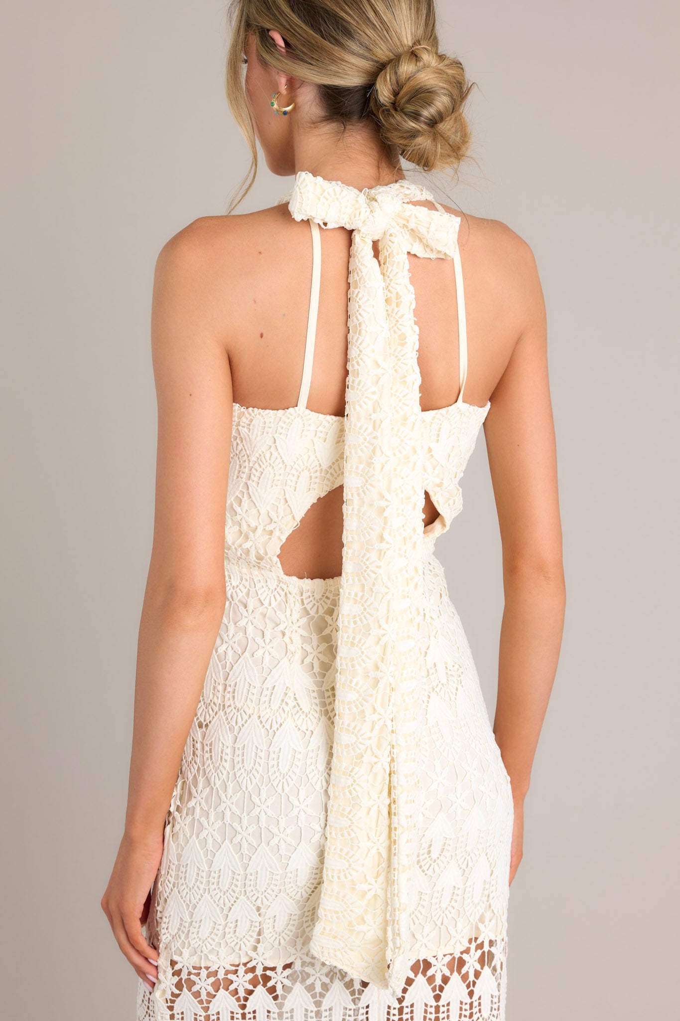 Back view of this dress that features a halter neckline with a self-tie in the back, a cutout detail in the back with hook and eye closures, a zipper up the back, and a lining that extends from the neckline to the upper thigh.