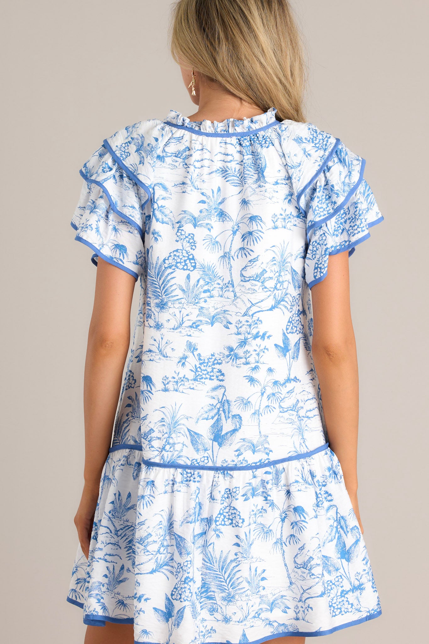 Back view of a blue and white floral print dress with ruffled short sleeves and a tiered skirt.