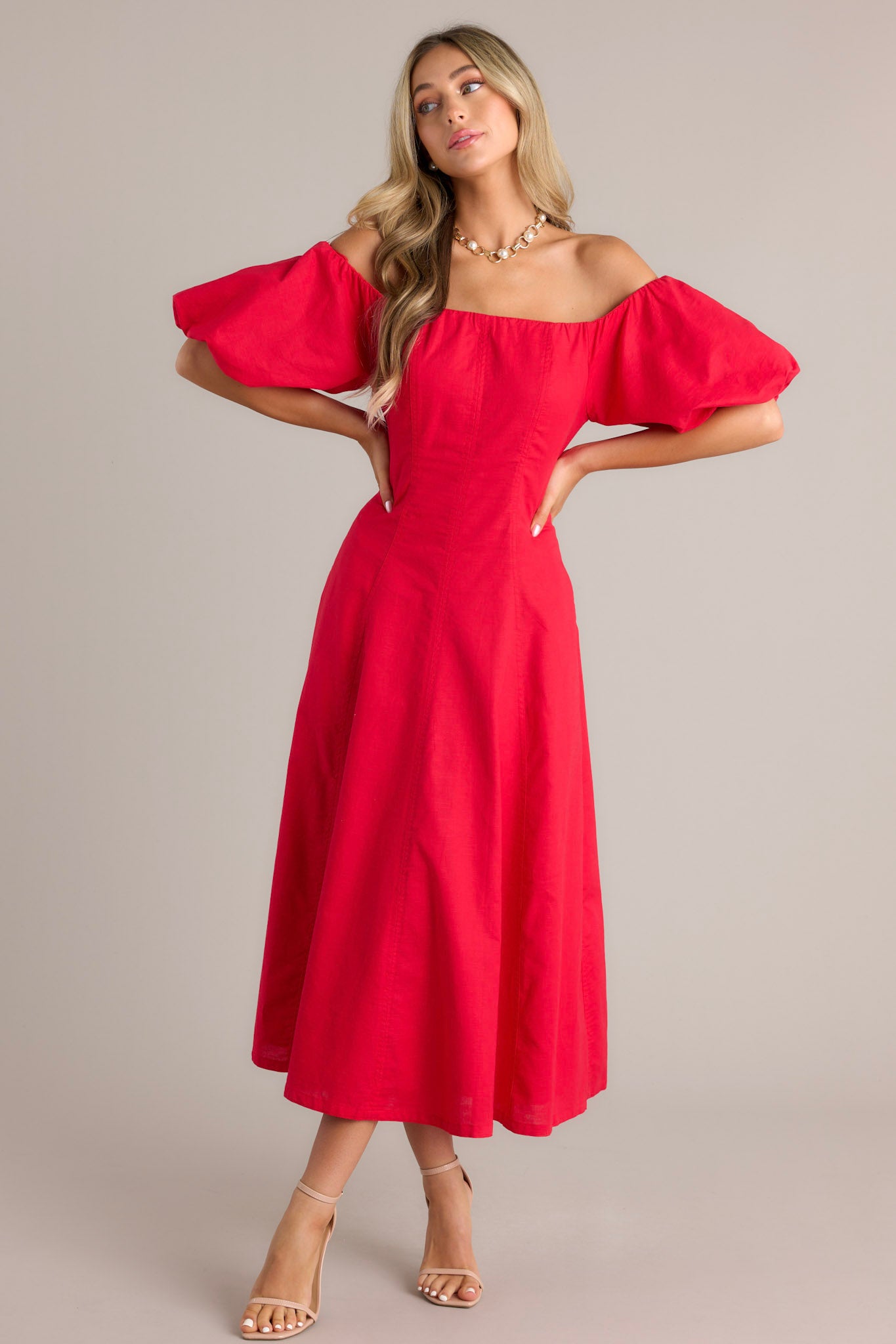 Red off the shoulder flowy dress sales