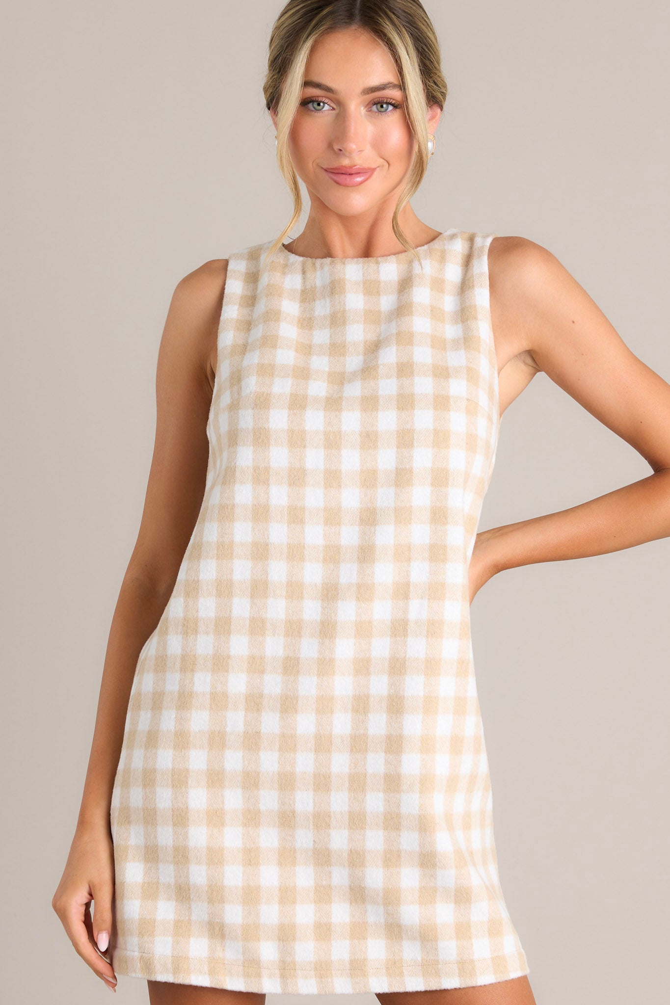 This beige dress features a round neckline, a straight silhouette, and a zipper closure on the back.