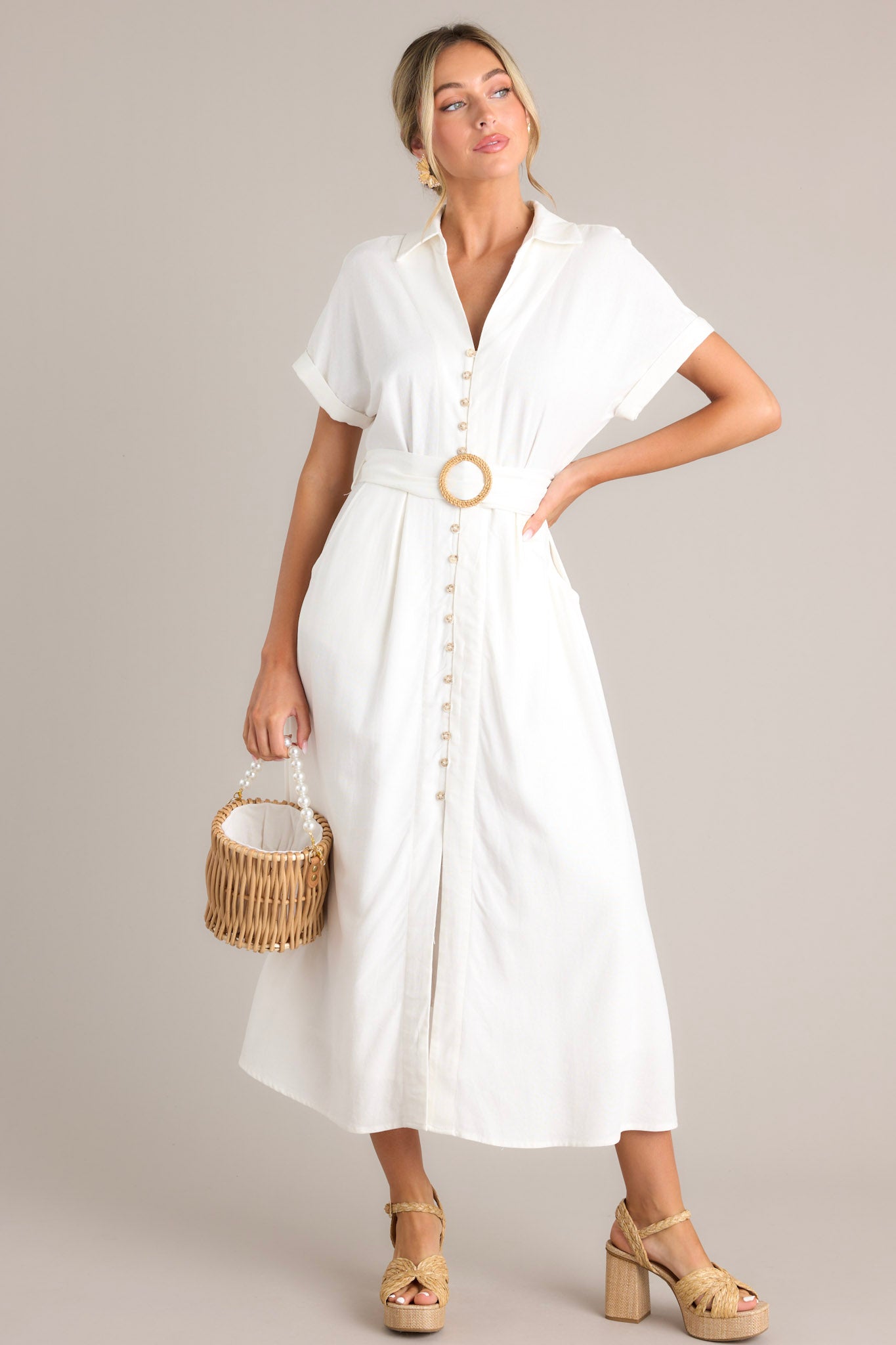 Lily Glow Ivory Button Front Belted Maxi Dress