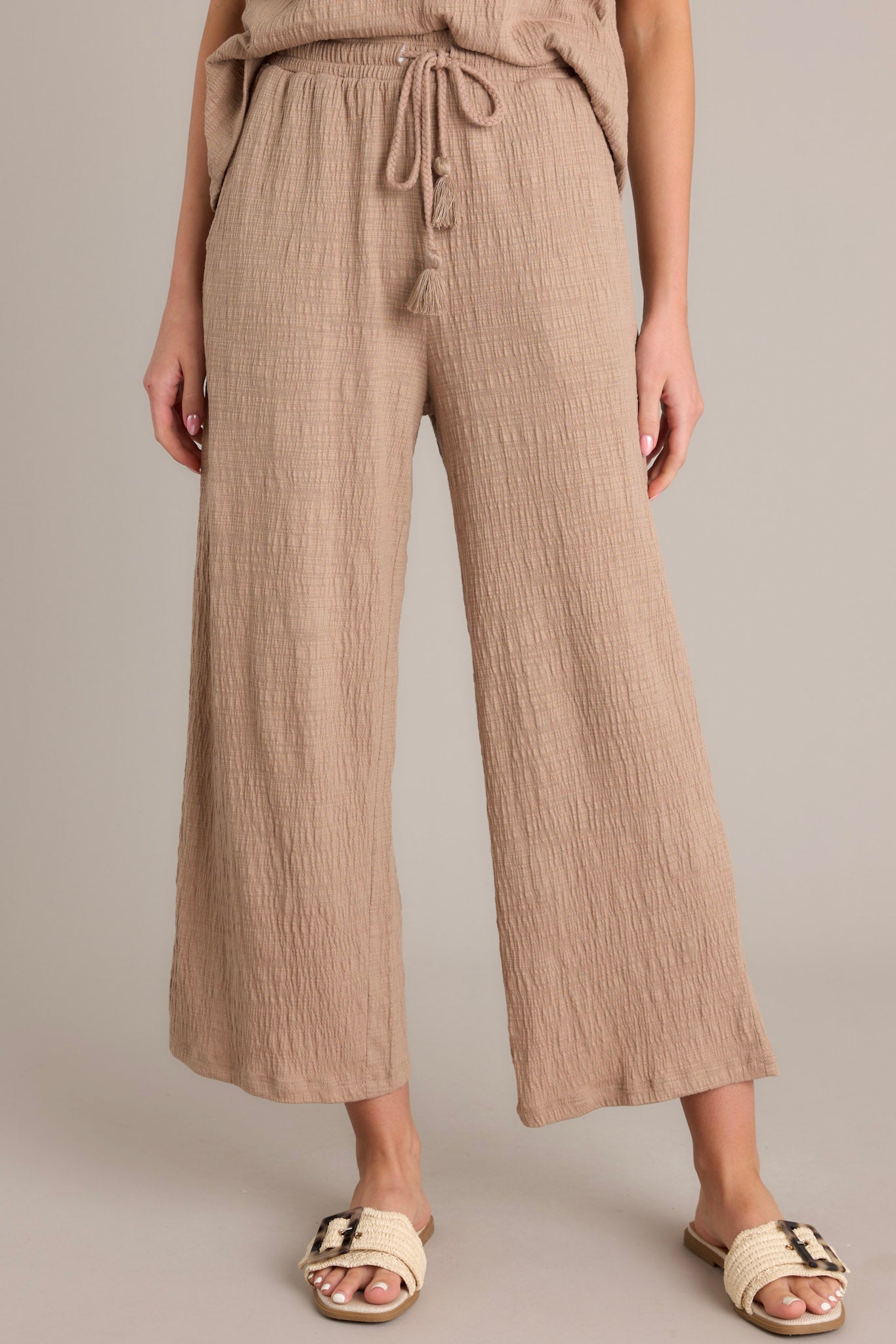 Front view of high-waisted beige pants featuring an elastic waistband, self-tie drawstring, functional hip pockets, textured material, and wide legs.