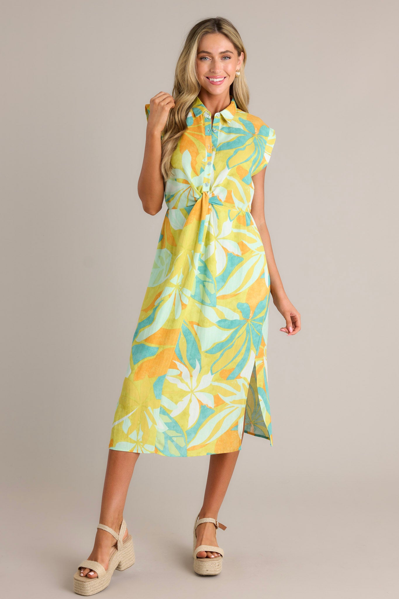 Lime Green Tropical Print Midi Dress - All Dresses | Red Dress