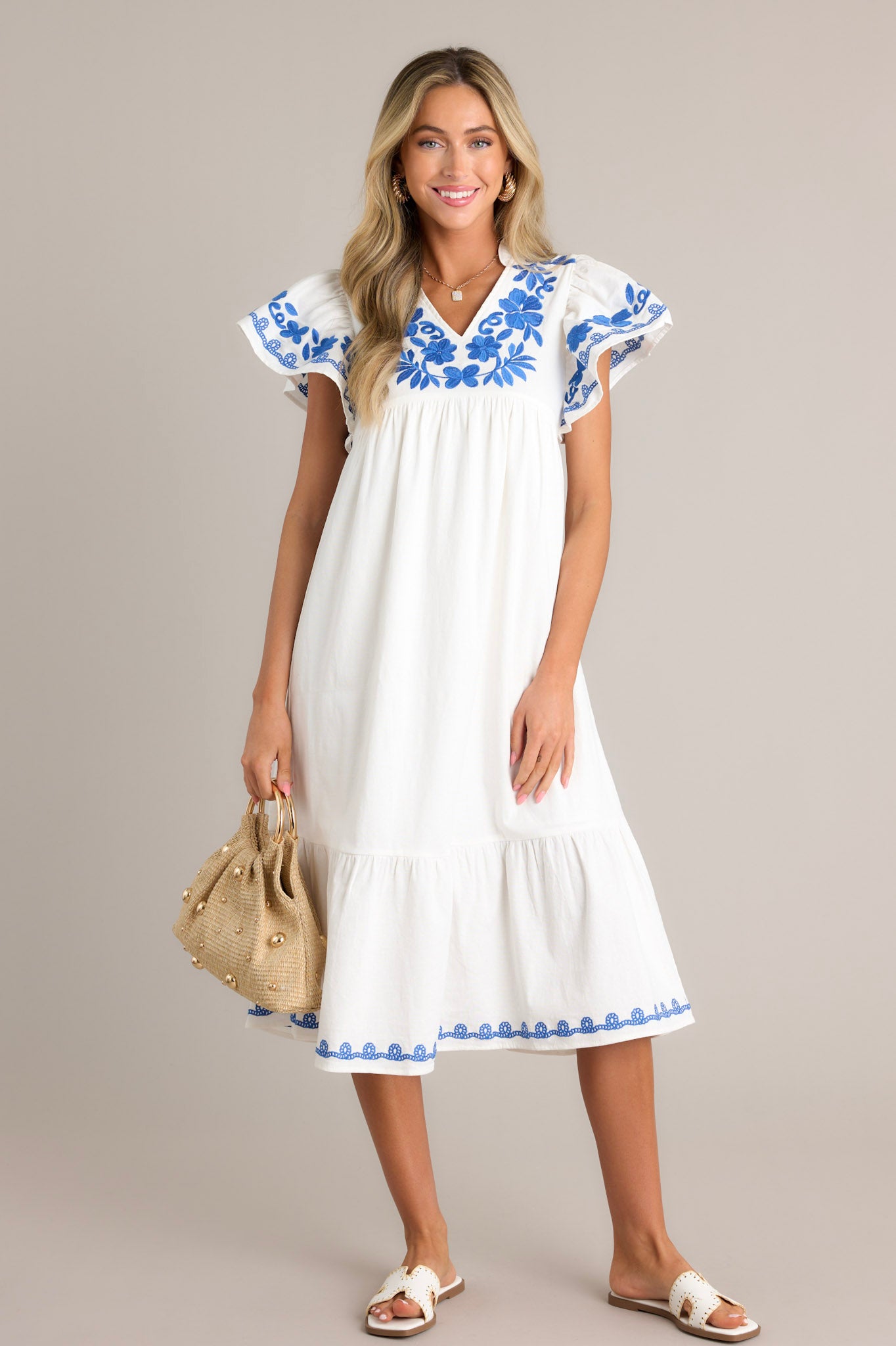 Needle & thread embroidered midi dress with flutter shops sleeve in ivory