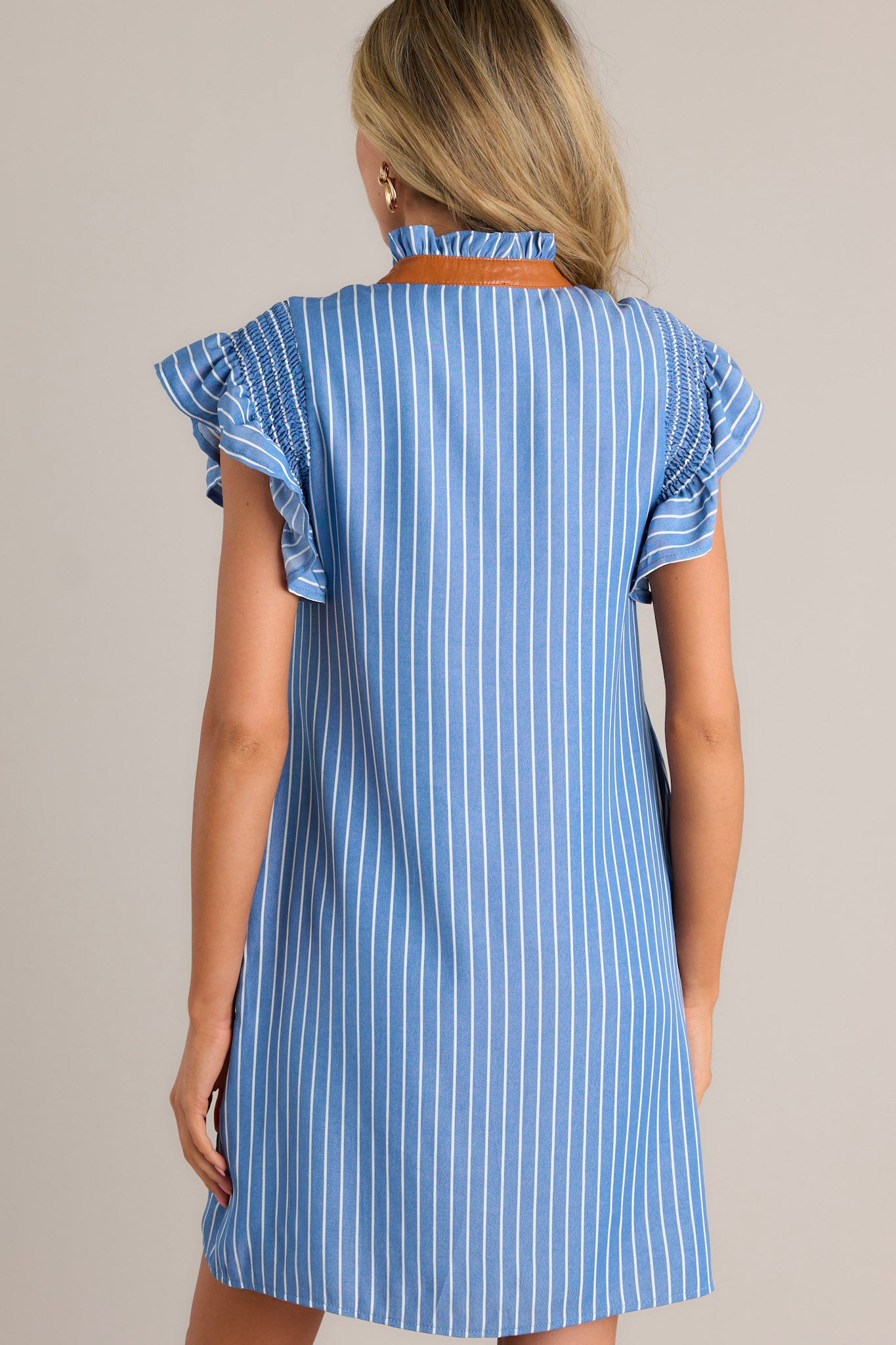 Back view of a blue stripe mini dress highlighting the vertical stripes, relaxed fit, and overall design.