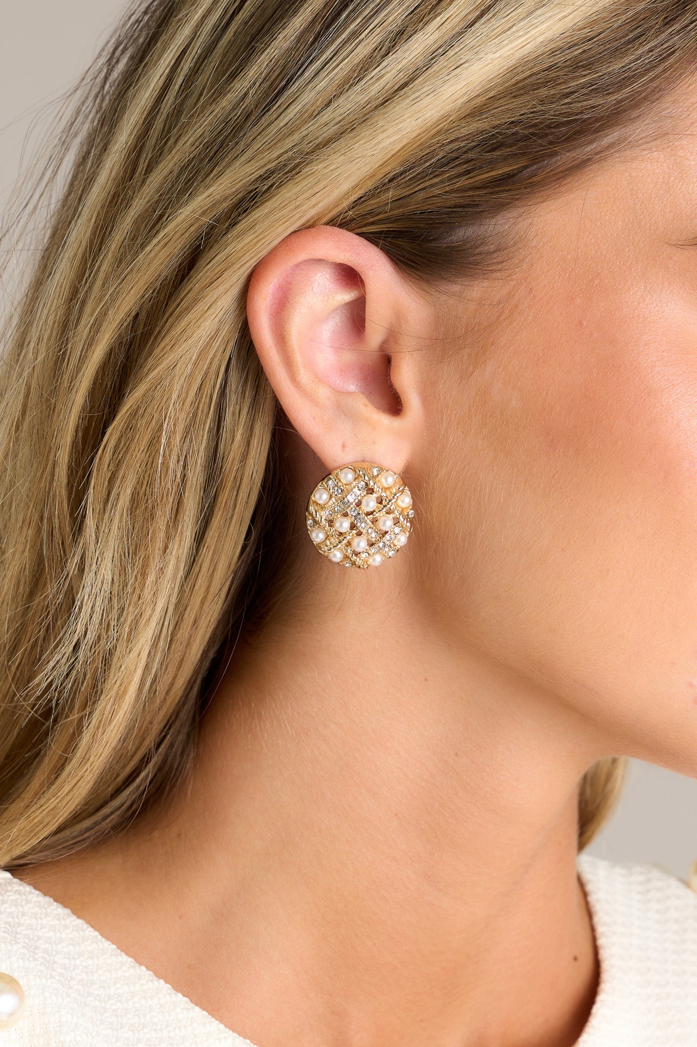 Opal Glow Gold & Ivory Pearl Cluster Earrings