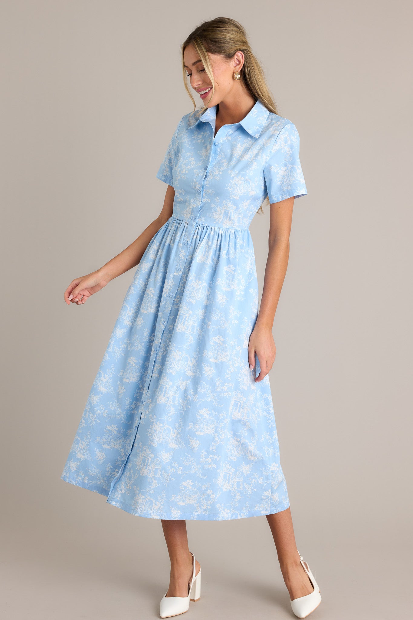 100% Cotton Light Blue Toile Midi Dress - All Dresses | Red Dress