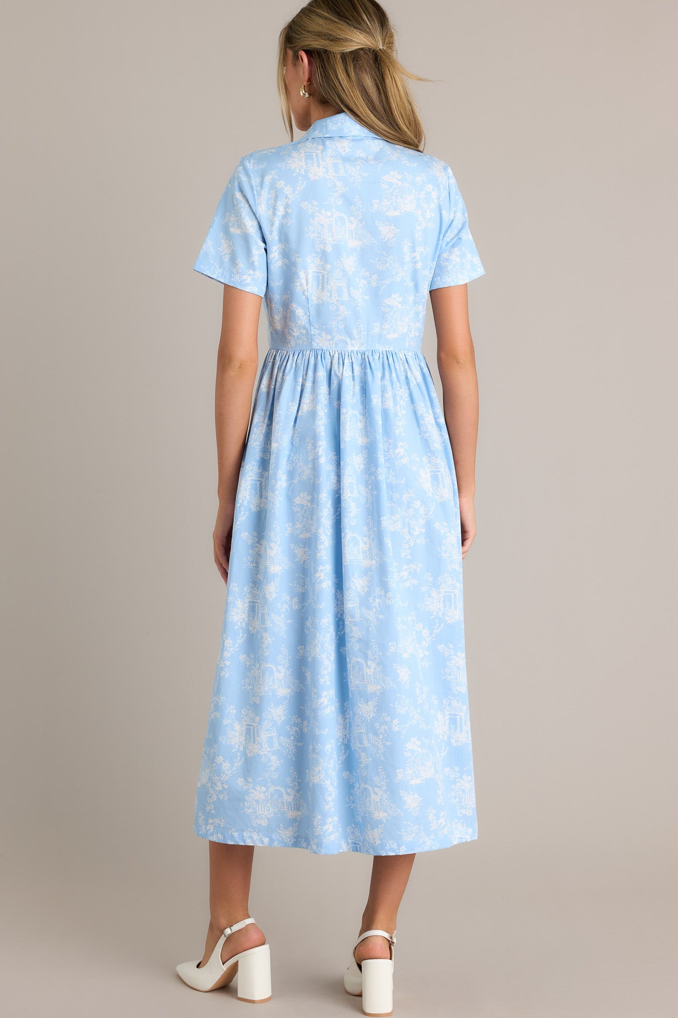 100% Cotton Light Blue Toile Midi Dress - All Dresses | Red Dress