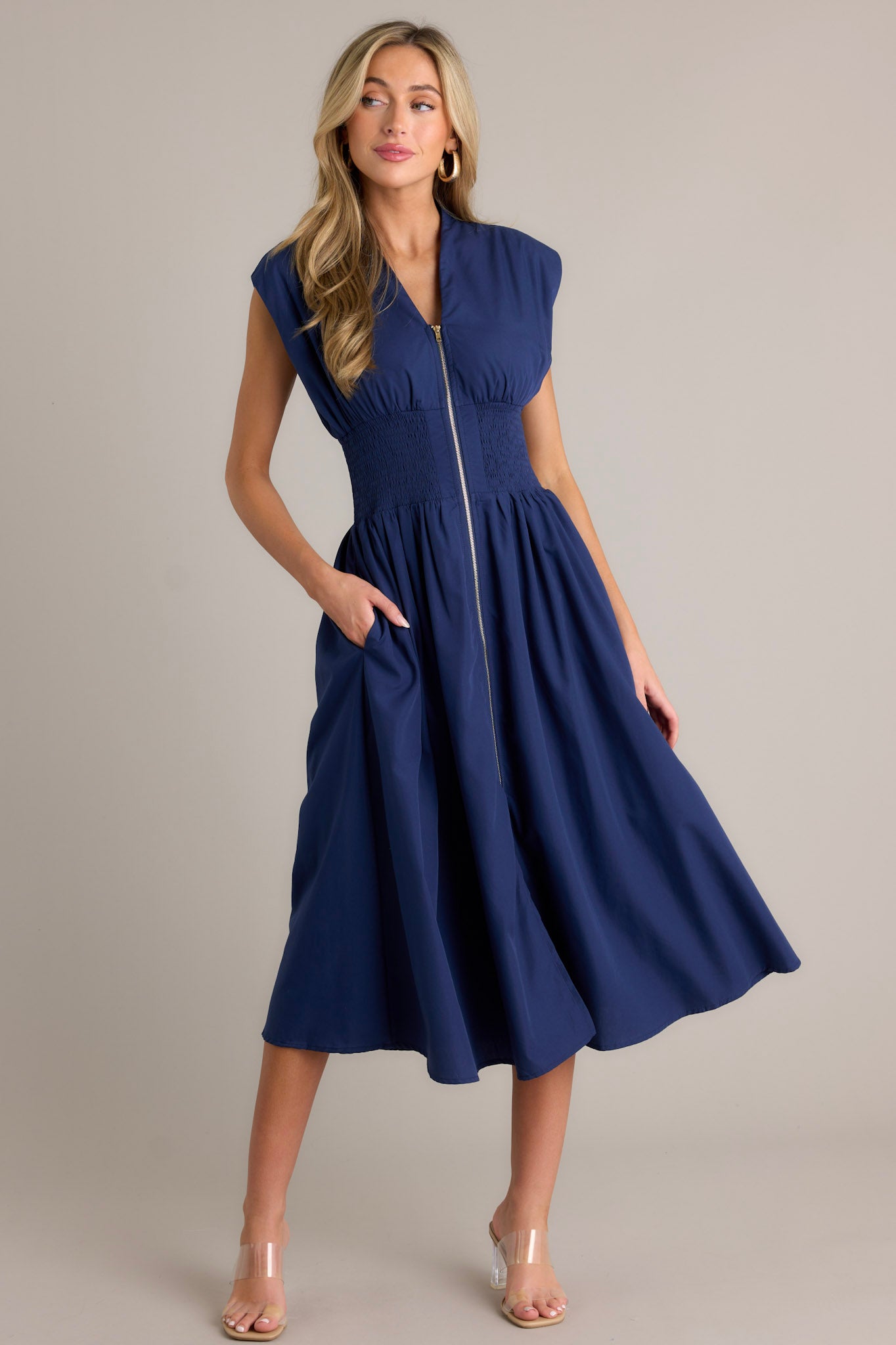 Navy Smocked Midi Dress - All Dresses | Red Dress