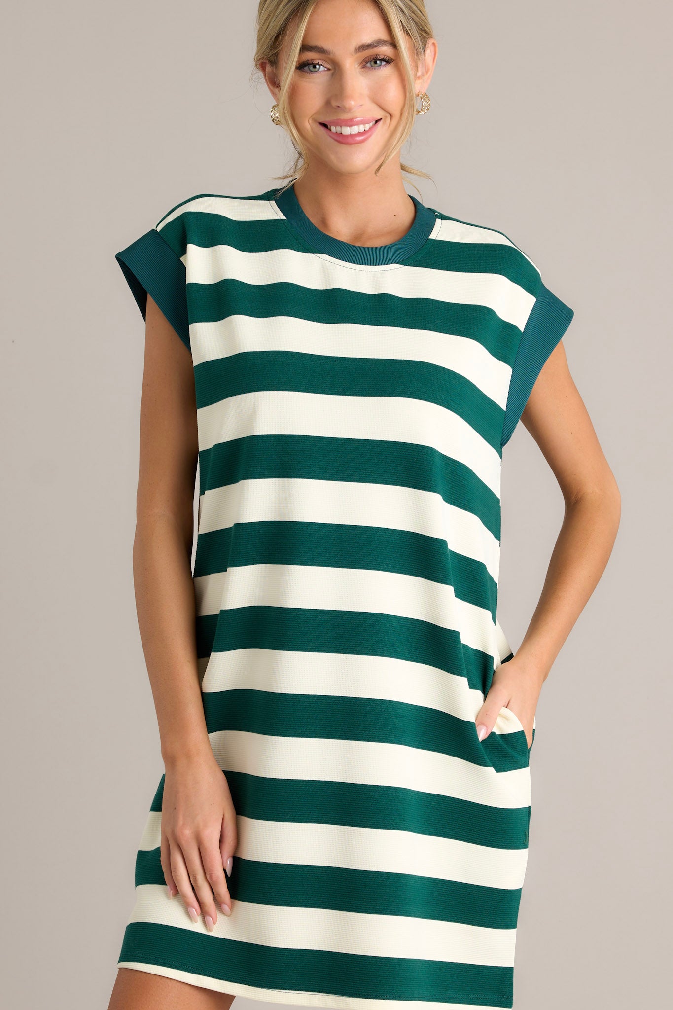 Harmony Horizon Forest Green Stripe Cap Sleeve Mini Dress