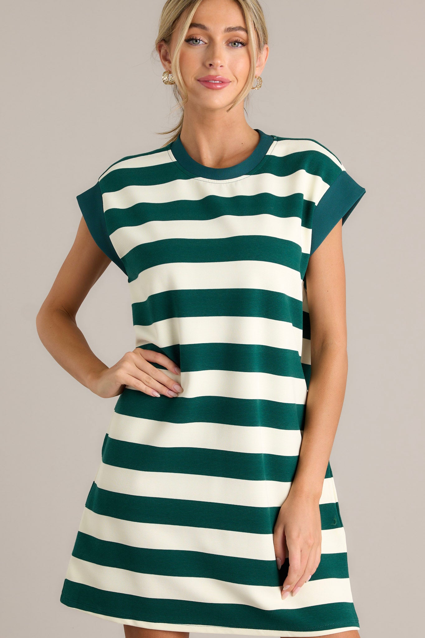 Harmony Horizon Forest Green Stripe Cap Sleeve Mini Dress