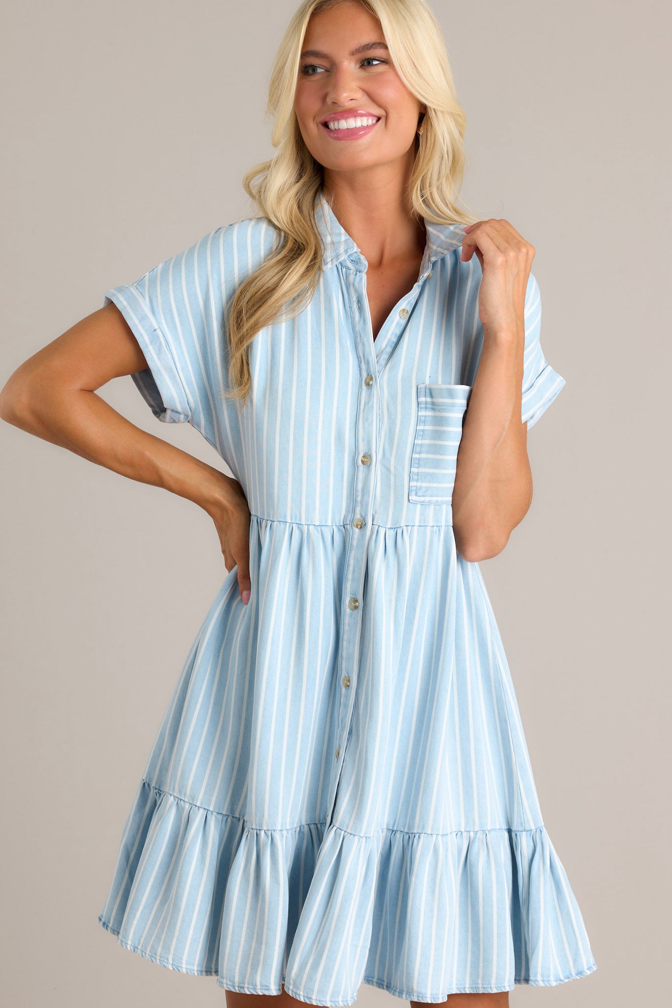 Whispering Waves Chambray Stripe Short Sleeve Mini Dress