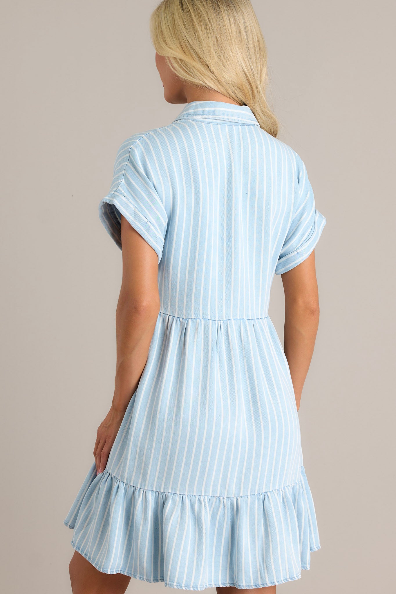 Whispering Waves Chambray Stripe Short Sleeve Mini Dress