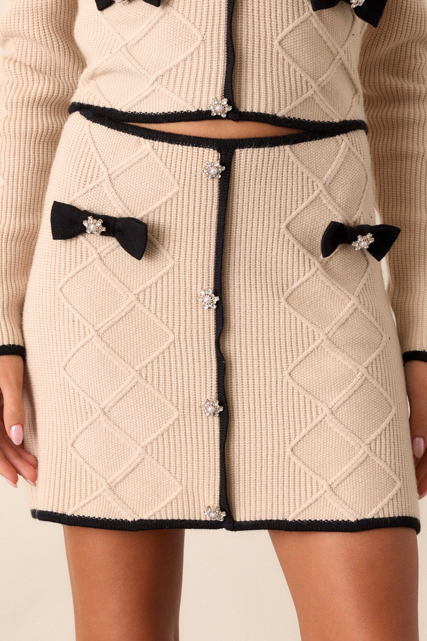 Firelight Lane Beige Knit Embellished Mini Skirt