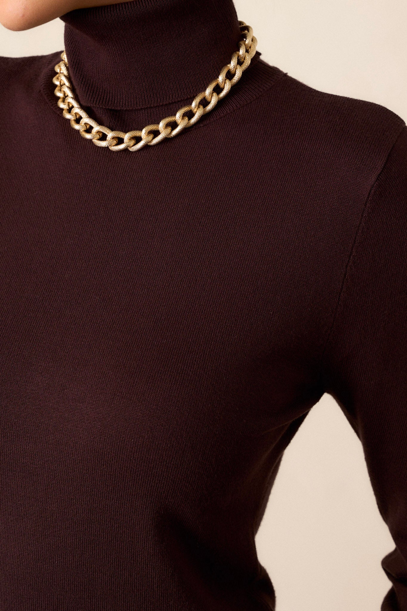 Close-up of the sweater focusing on the turtle neckline, the ribbed cuffs on the long sleeves, and the soft texture of the fabric.