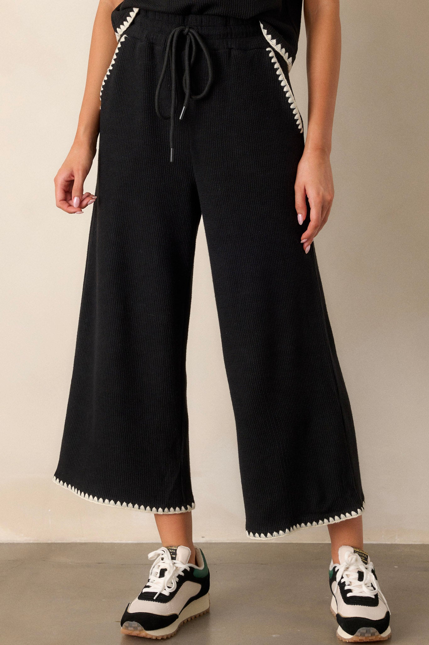 Anytime Now Black Blanket Stitch Wide Leg Pants