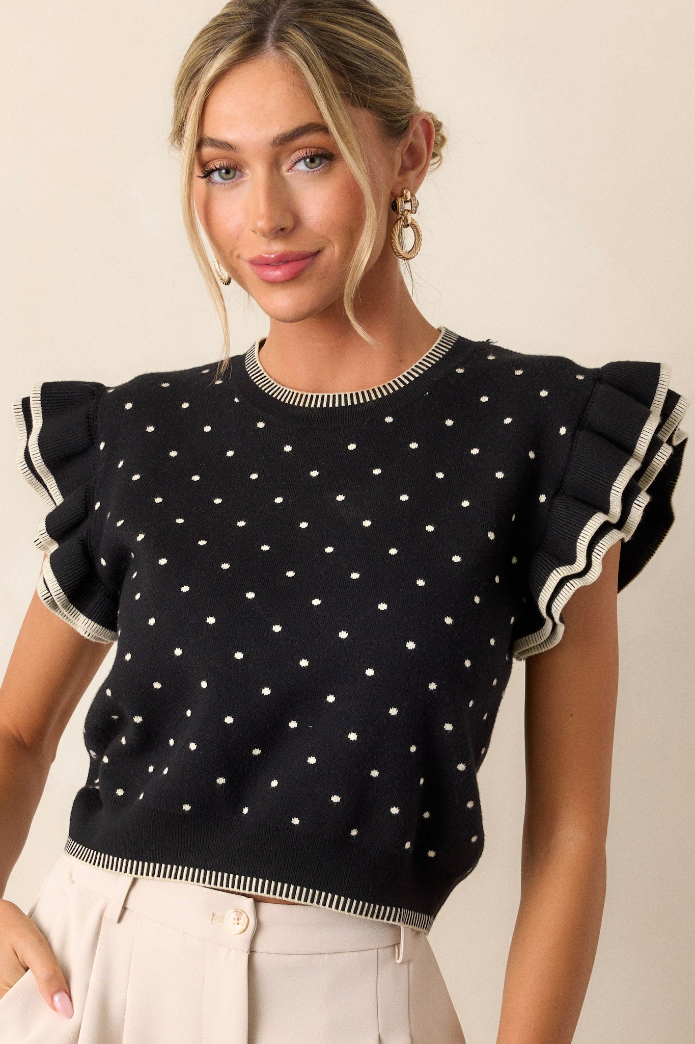 Distant Memory Black Polka Dot Flutter Sleeve Sweater